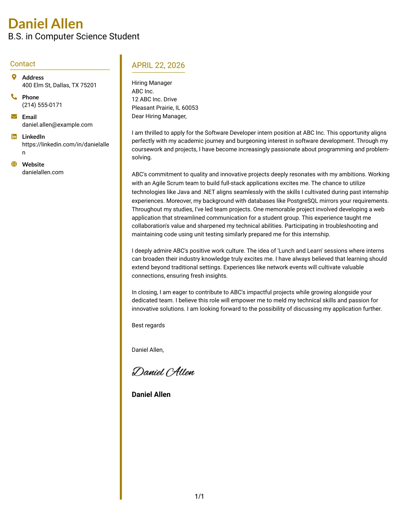 Software Developer Internship Cover Letter Example Accent Divider Modern Two Column Format