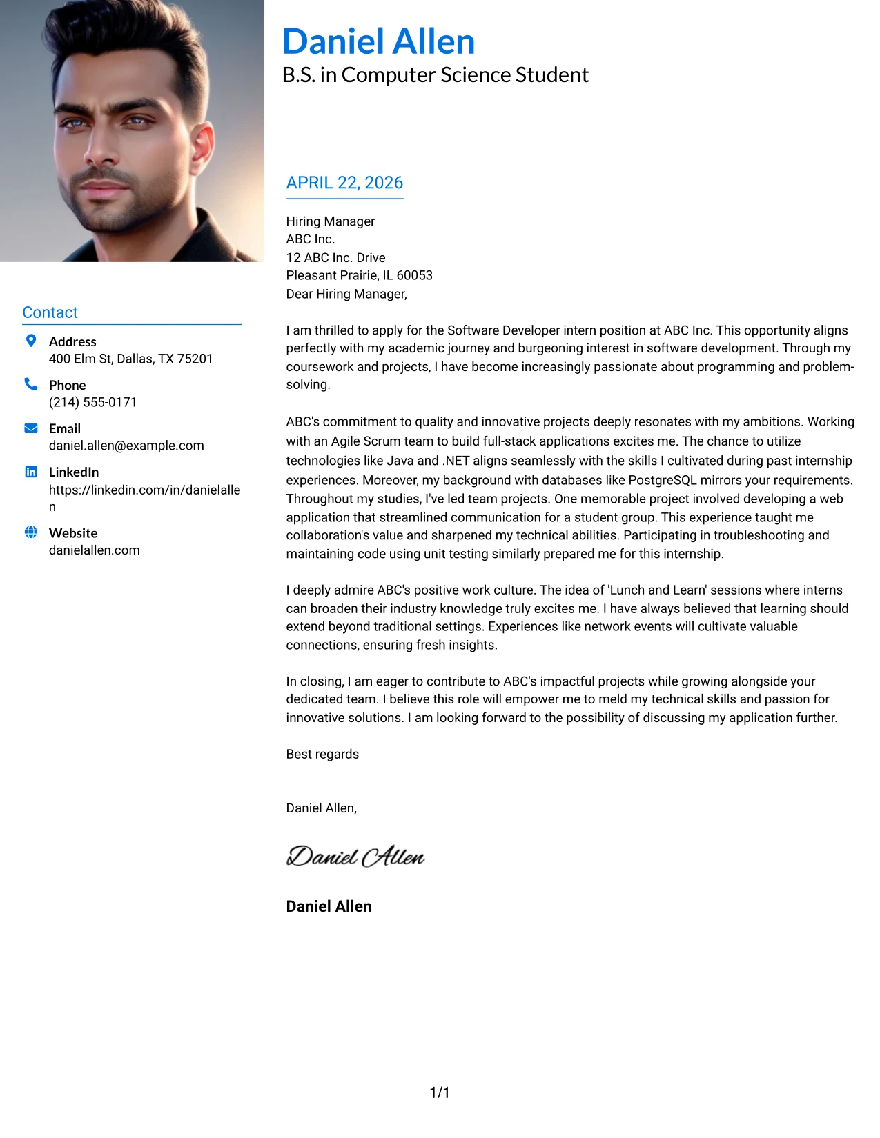 Software Developer Internship Cover Letter Example Large Profile Photo International Two Column Format
