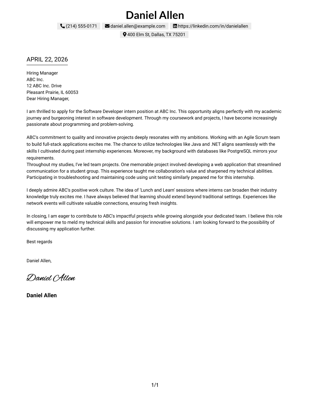 Software Developer Internship Cover Letter Example One Column Shaded Contact Header Format