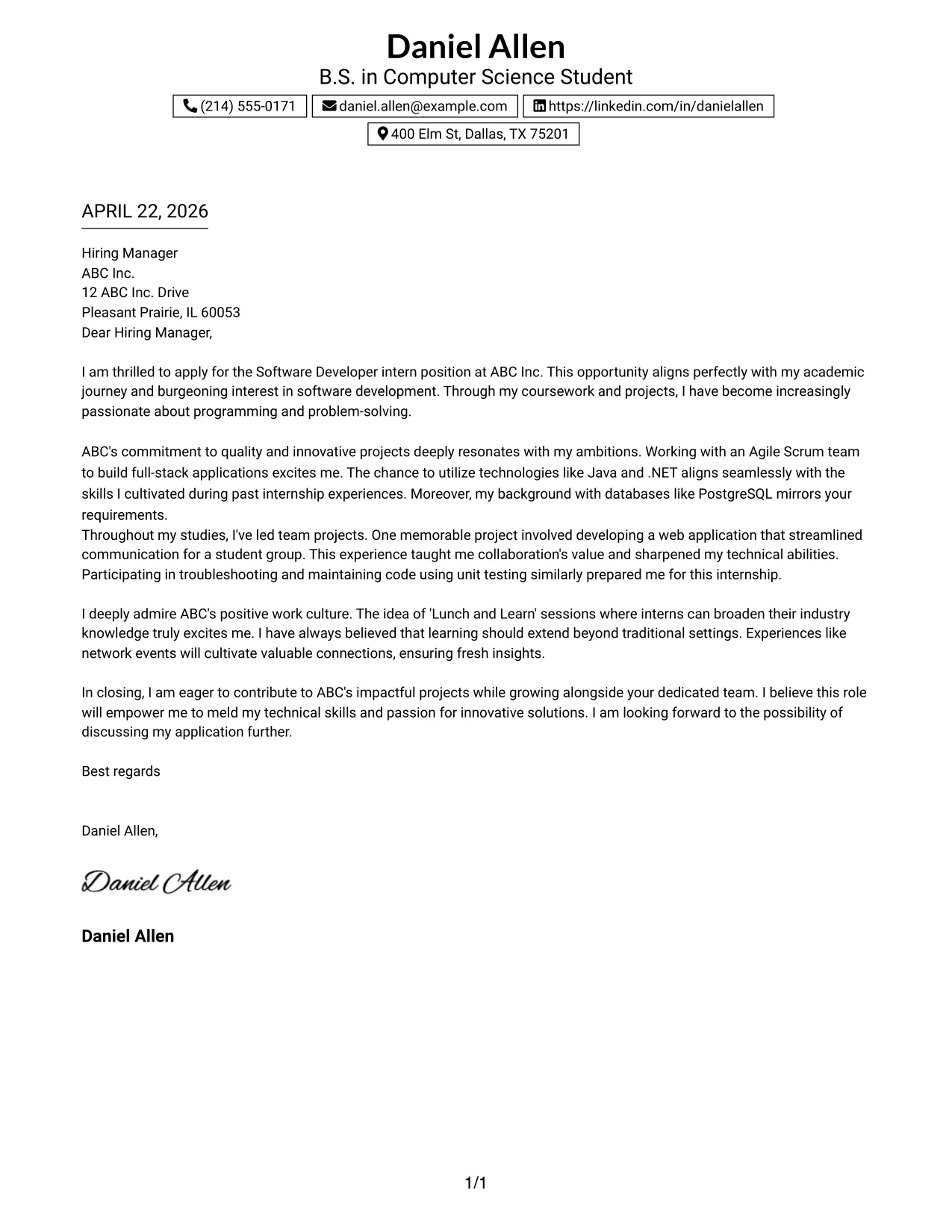 Software Developer Internship Cover Letter Example Boxed Contact Header with Job Title Format