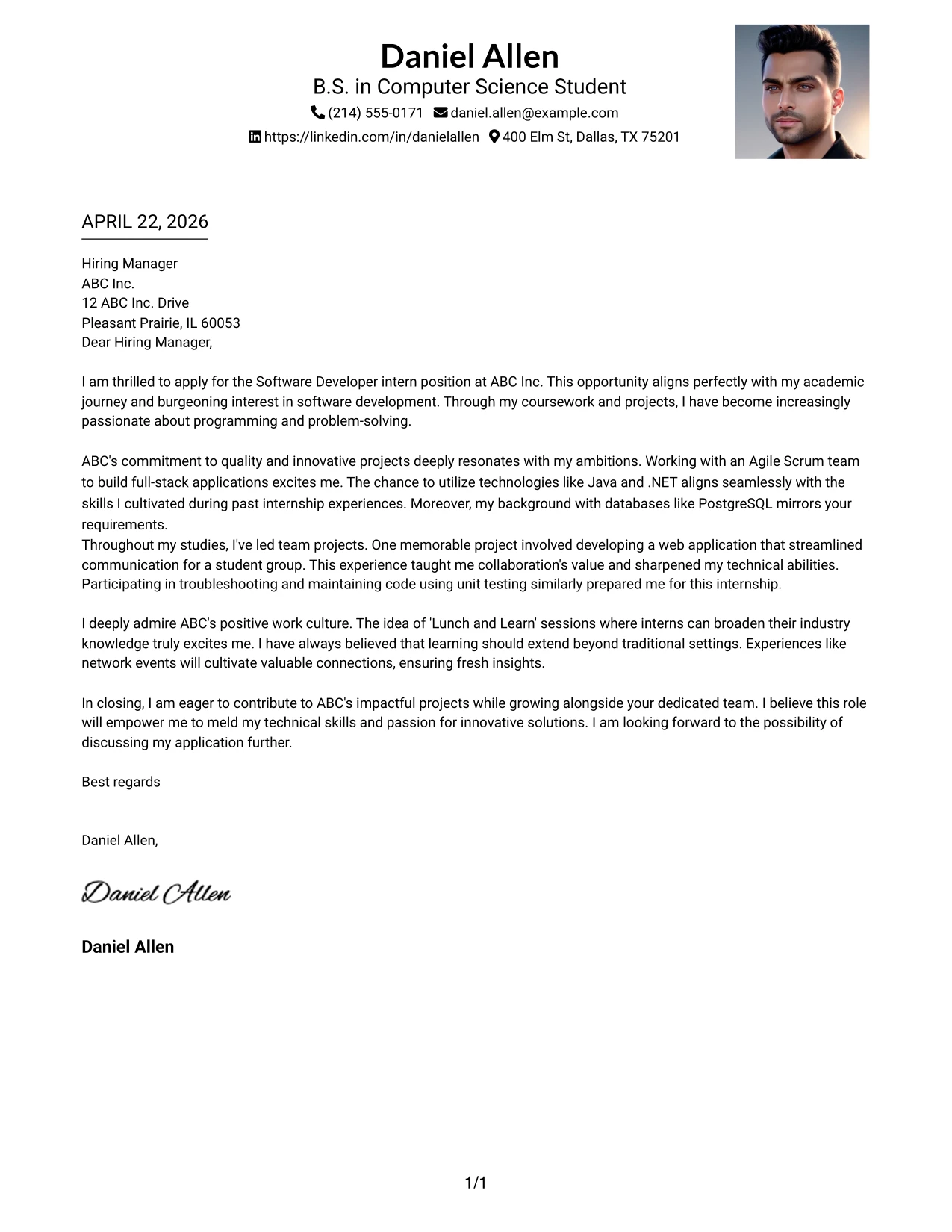 Software Developer Internship Cover Letter Example One Column Format with Photo Right