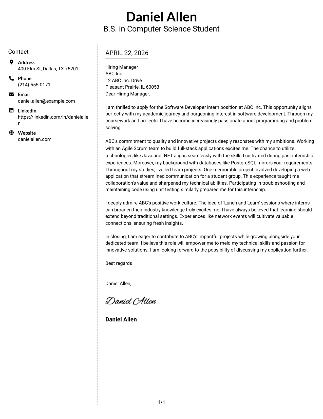 Software Developer Internship Cover Letter Example Simple Two Column Format