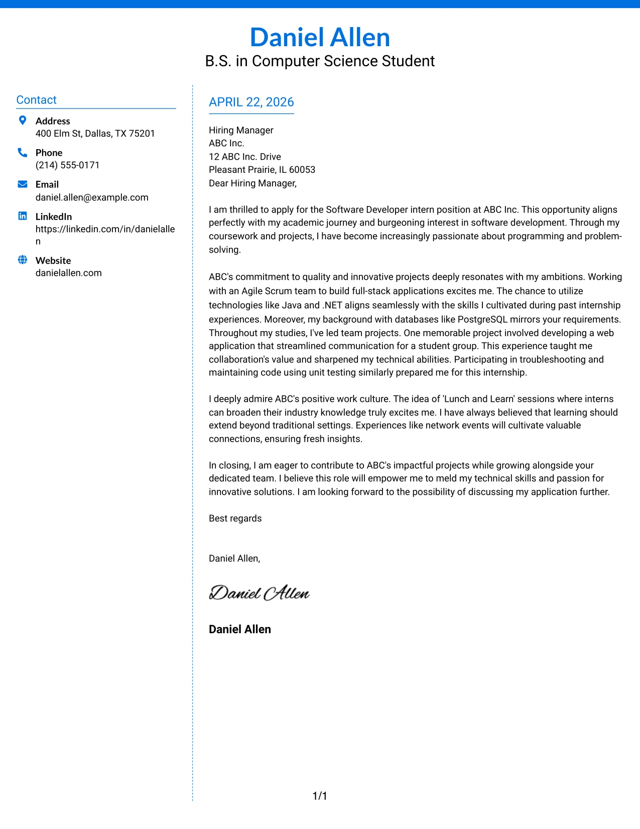Software Developer Internship Cover Letter Example Colored Two Column Format