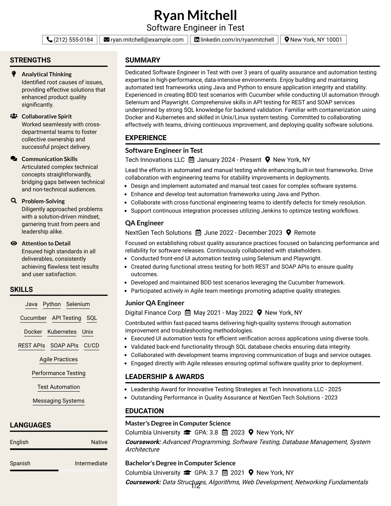 Resume Example Page 1