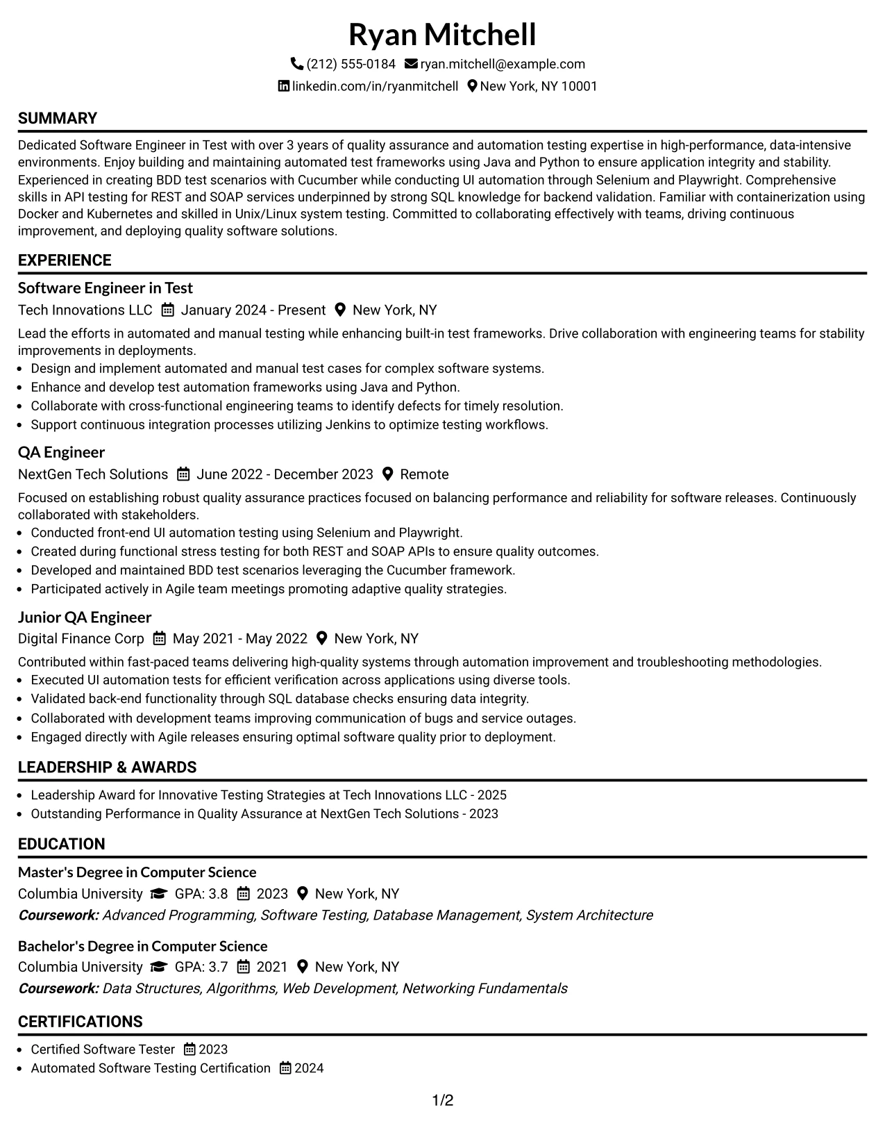 Resume Example Page 1