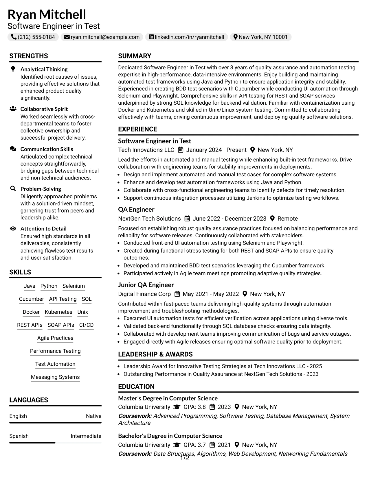 Resume Example Page 1
