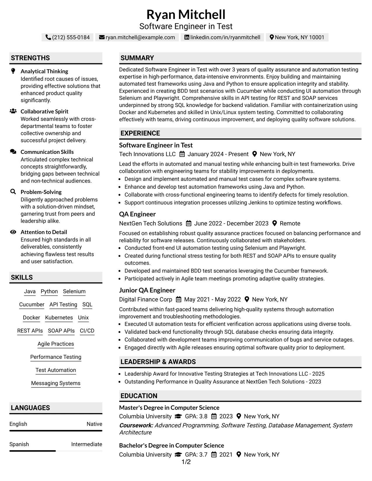 Resume Example Page 1