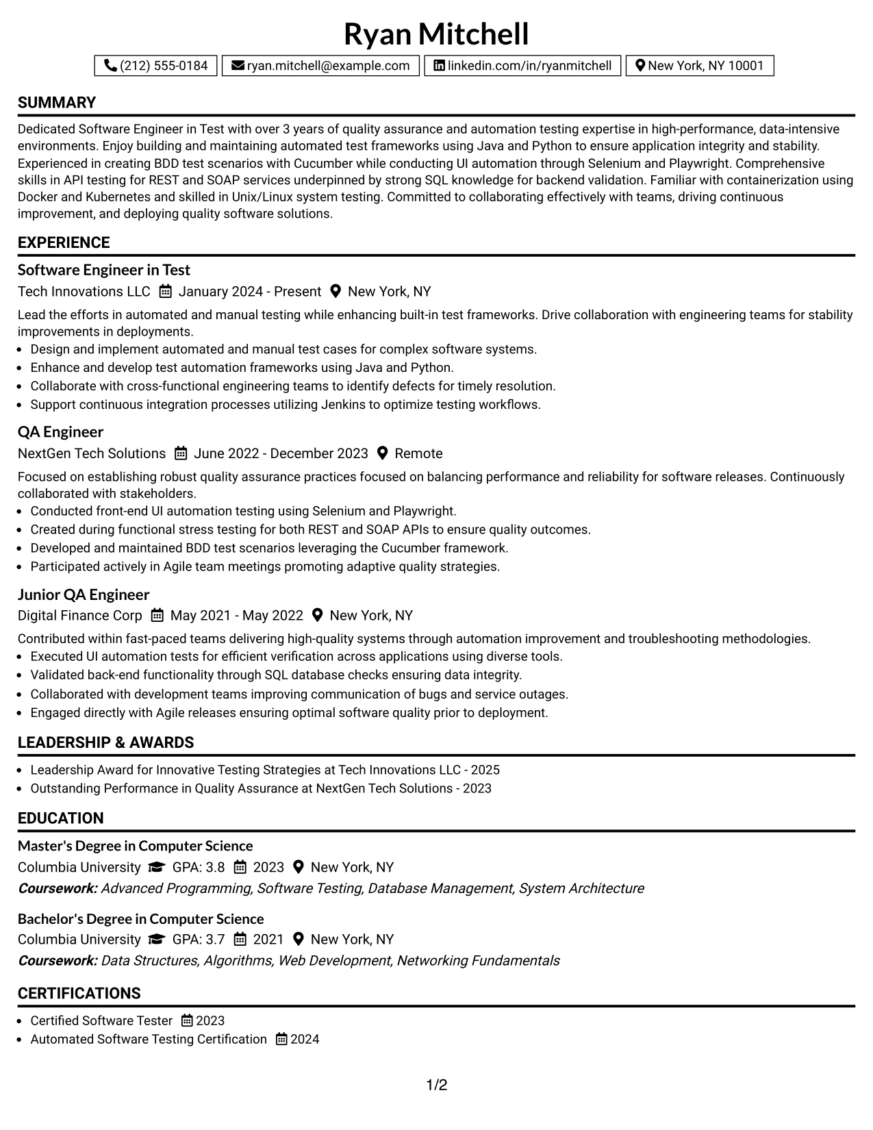 Resume Example Page 1