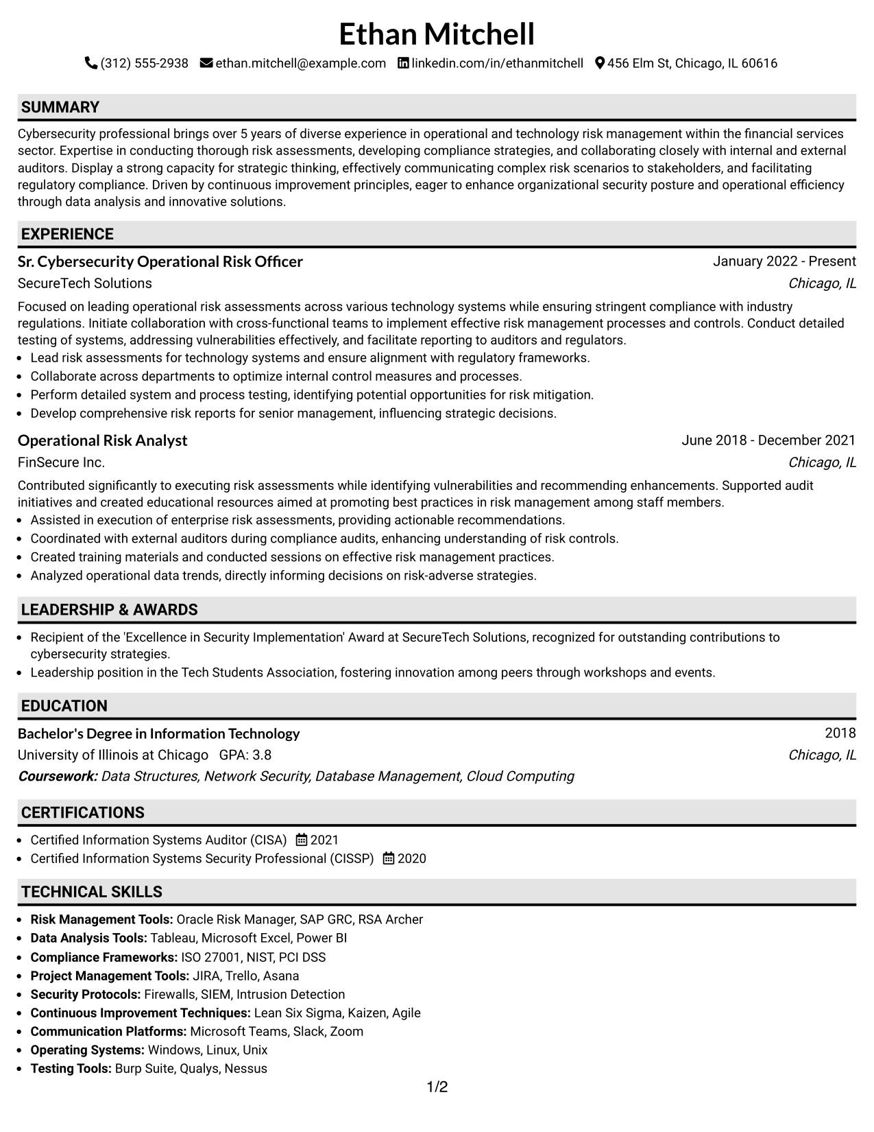 Resume Example Page 1