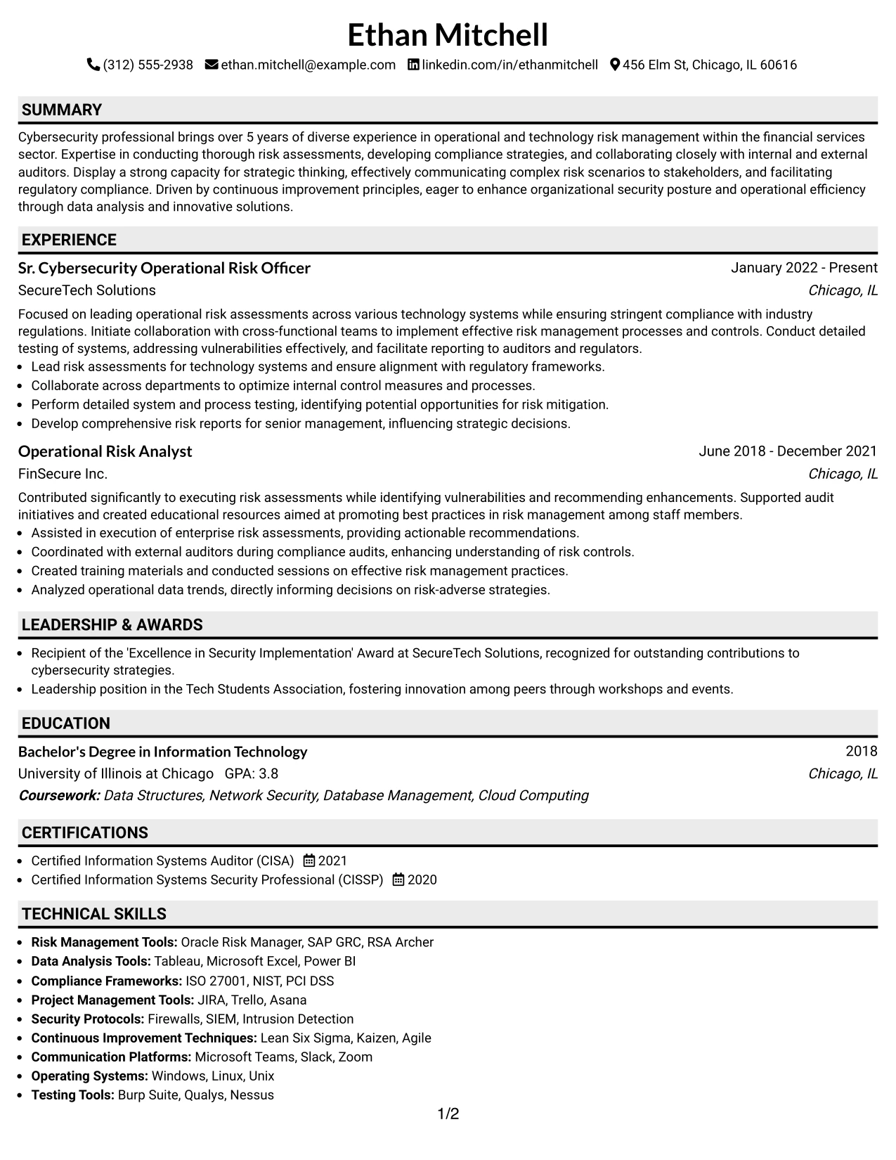 Resume Example Page 1
