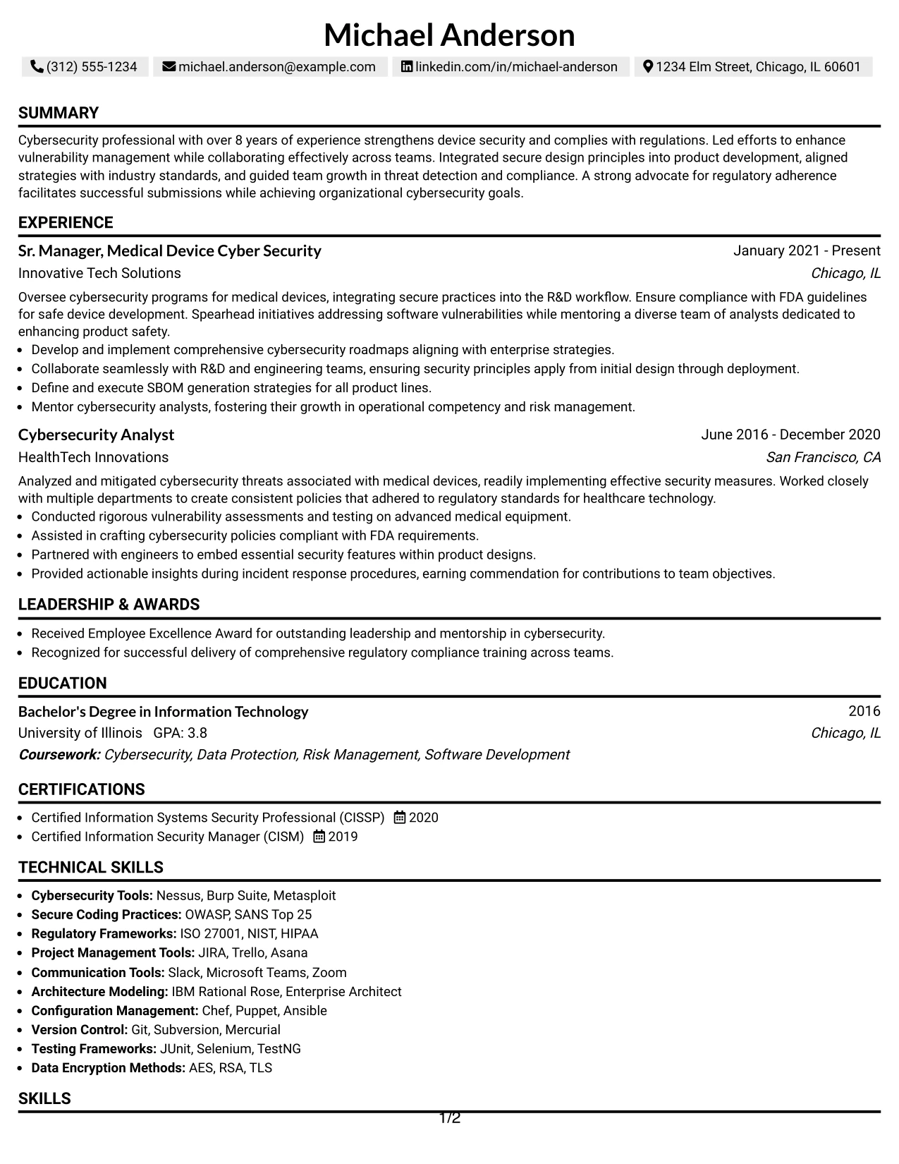 Resume Example Page 1