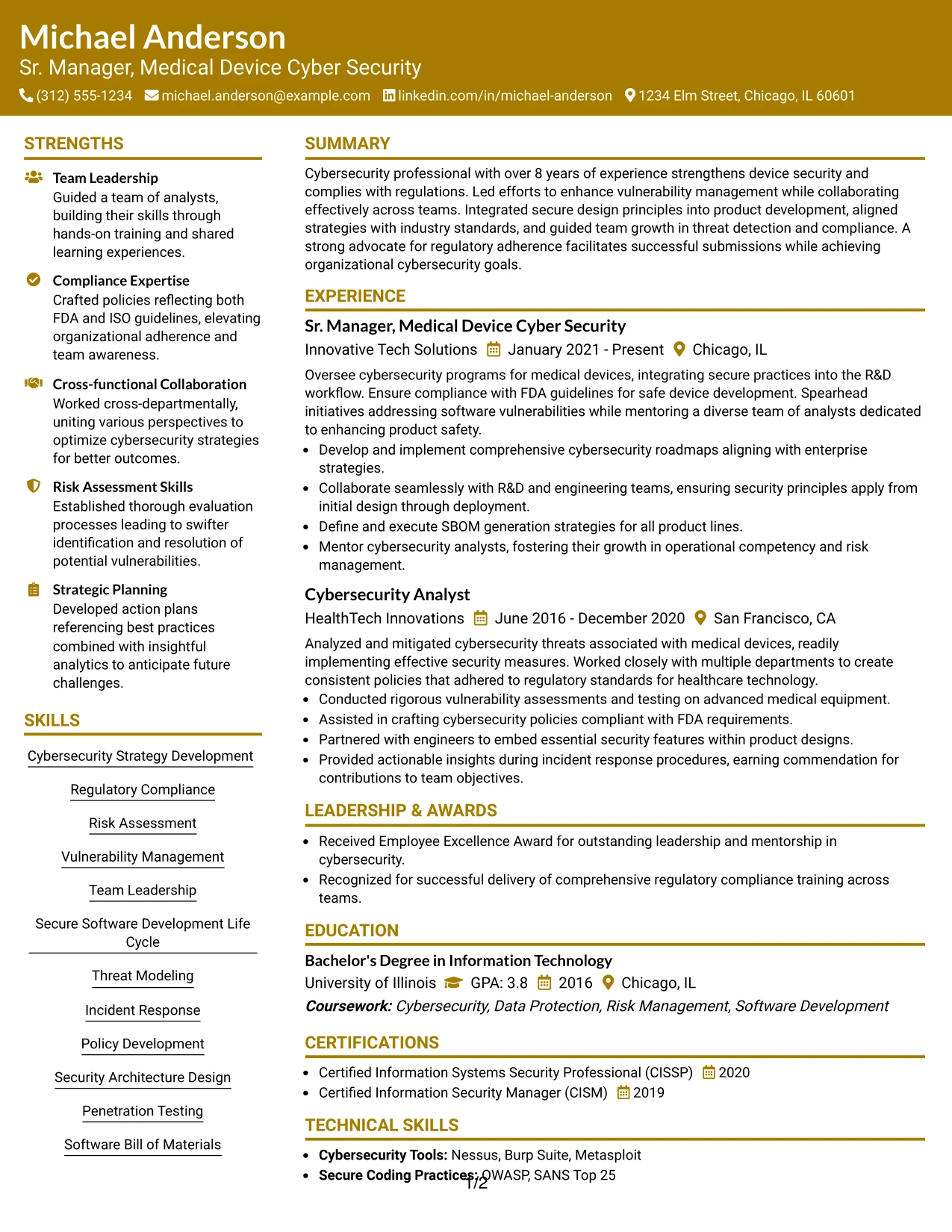 Resume Example Page 1