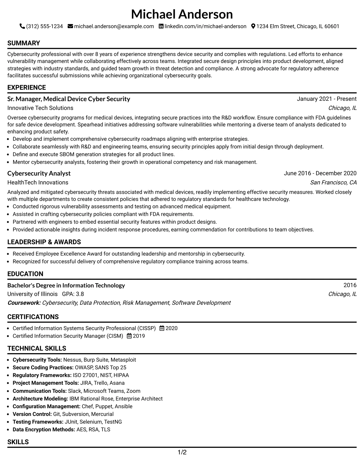 Resume Example Page 1