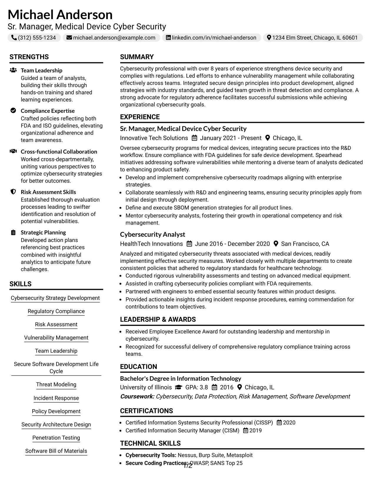 Resume Example Page 1