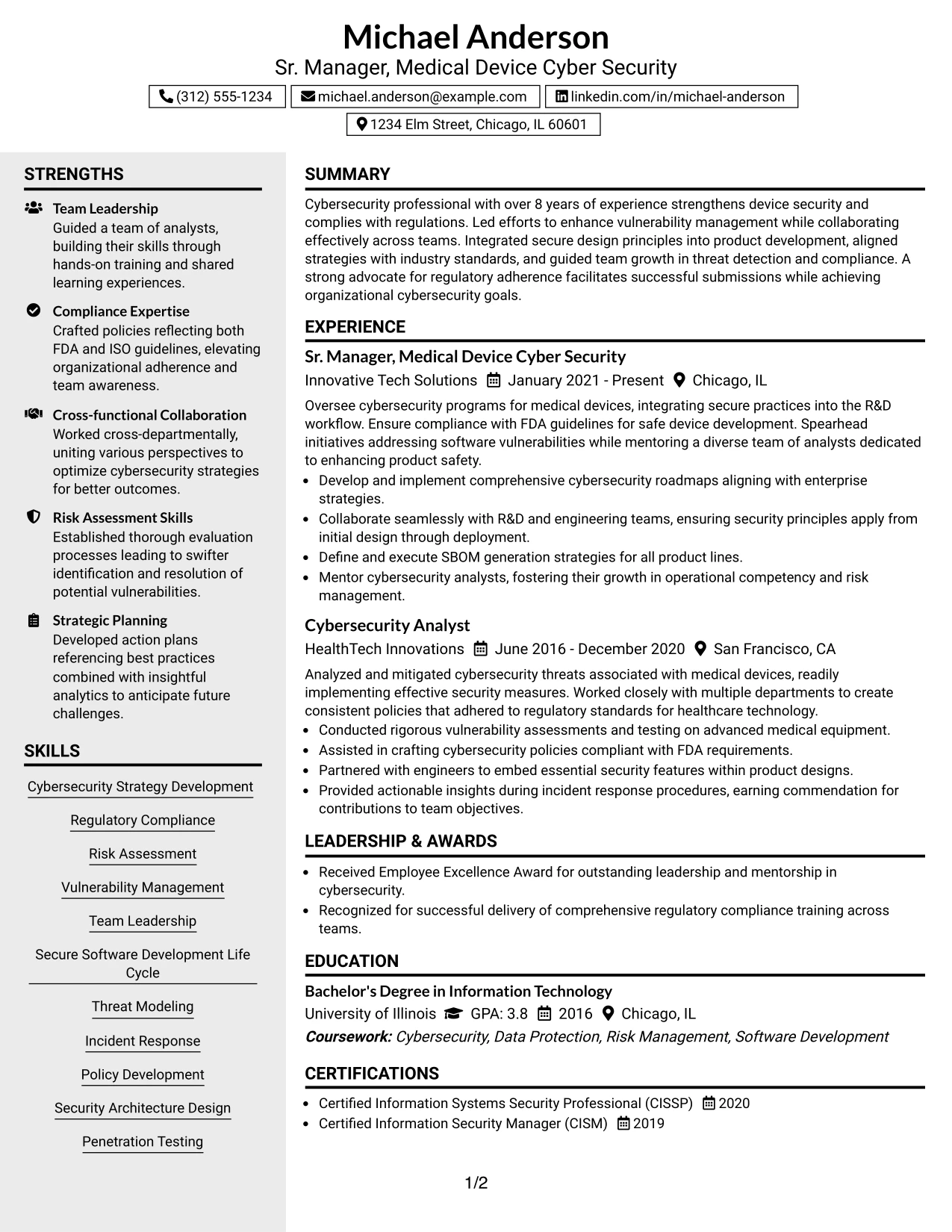 Resume Example Page 1