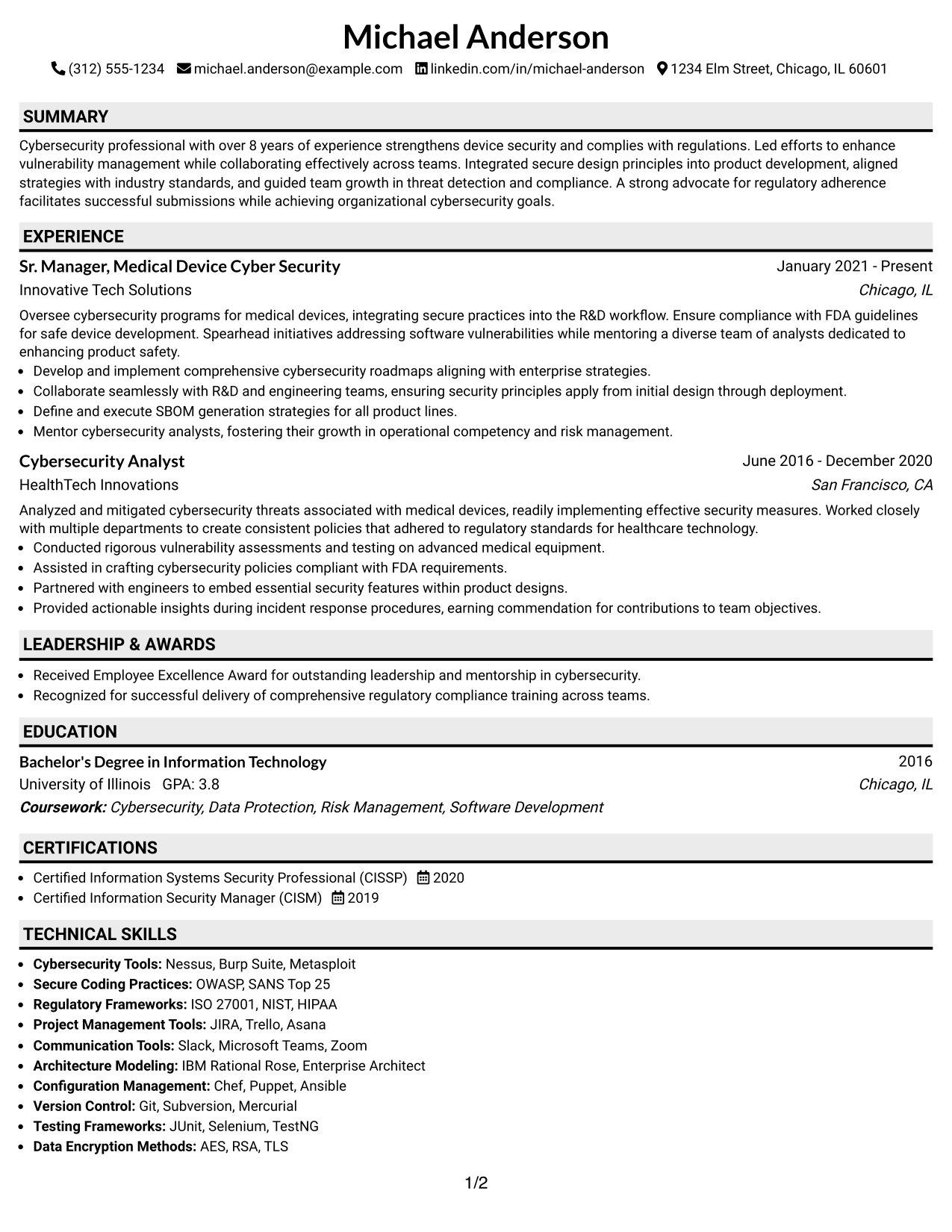 Resume Example Page 1