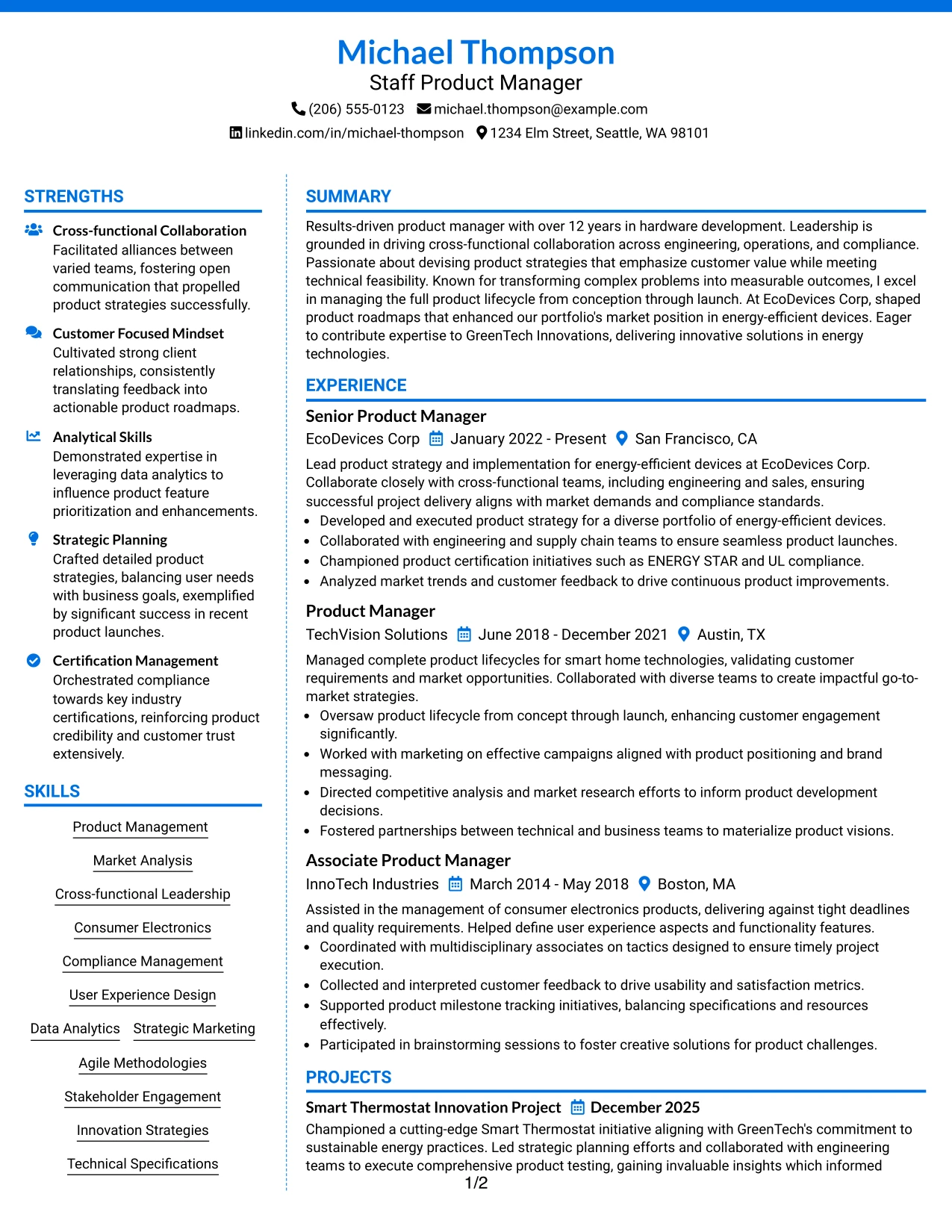 Resume Example Page 1