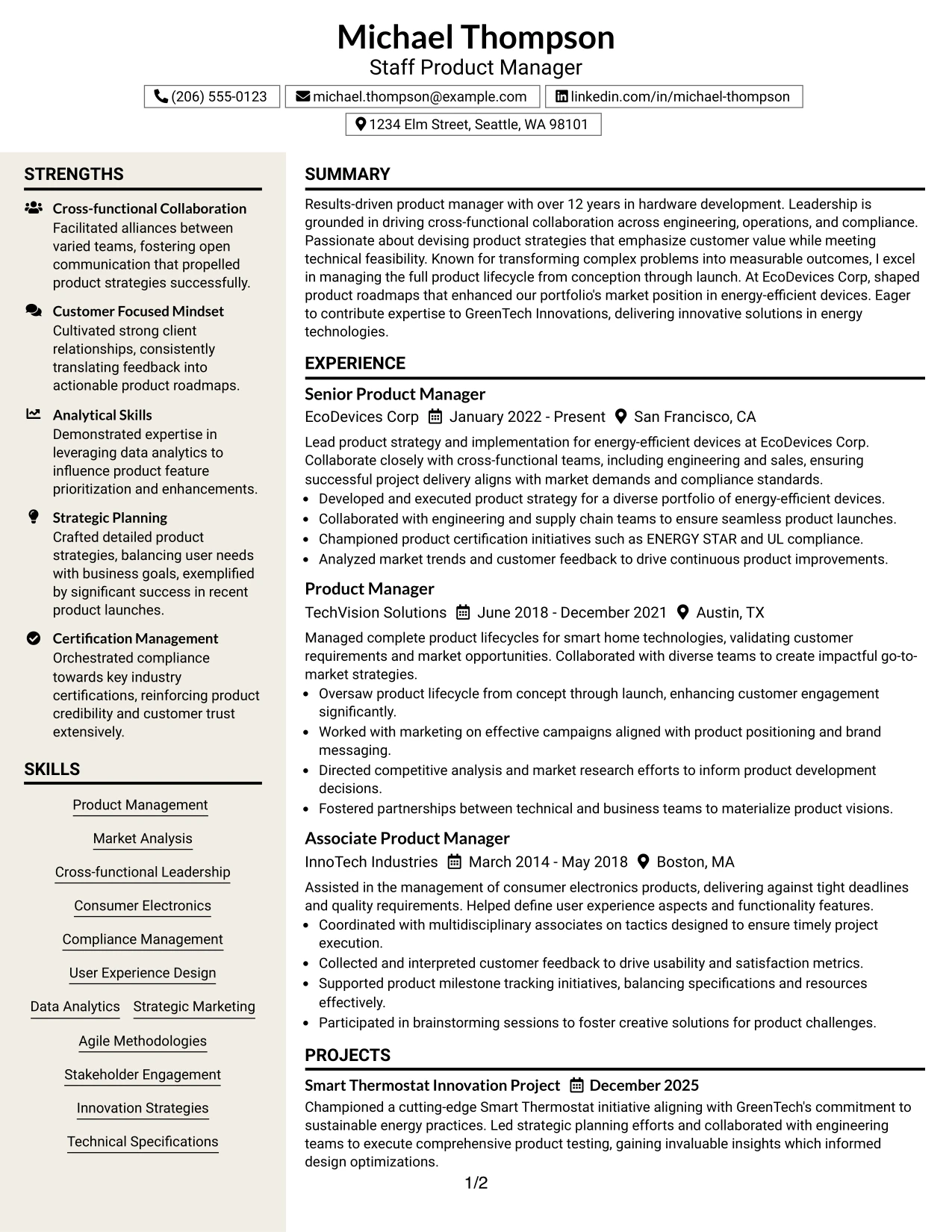 Resume Example Page 1