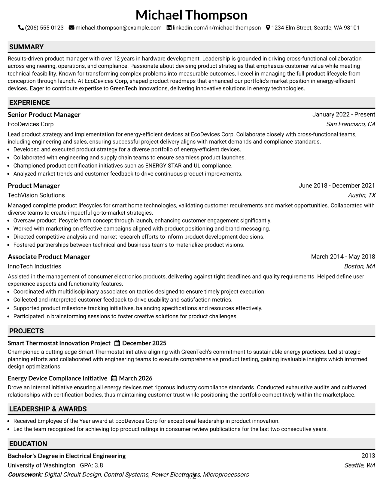 Resume Example Page 1