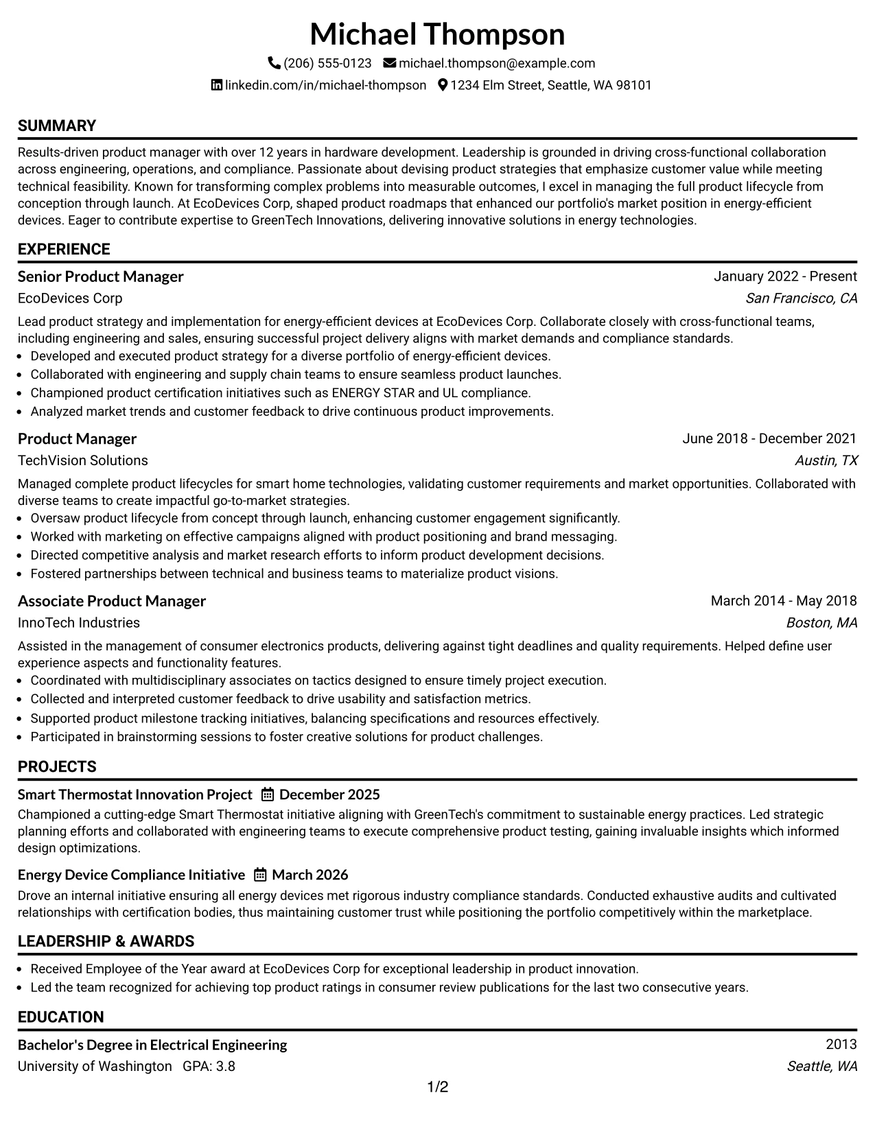 Resume Example Page 1