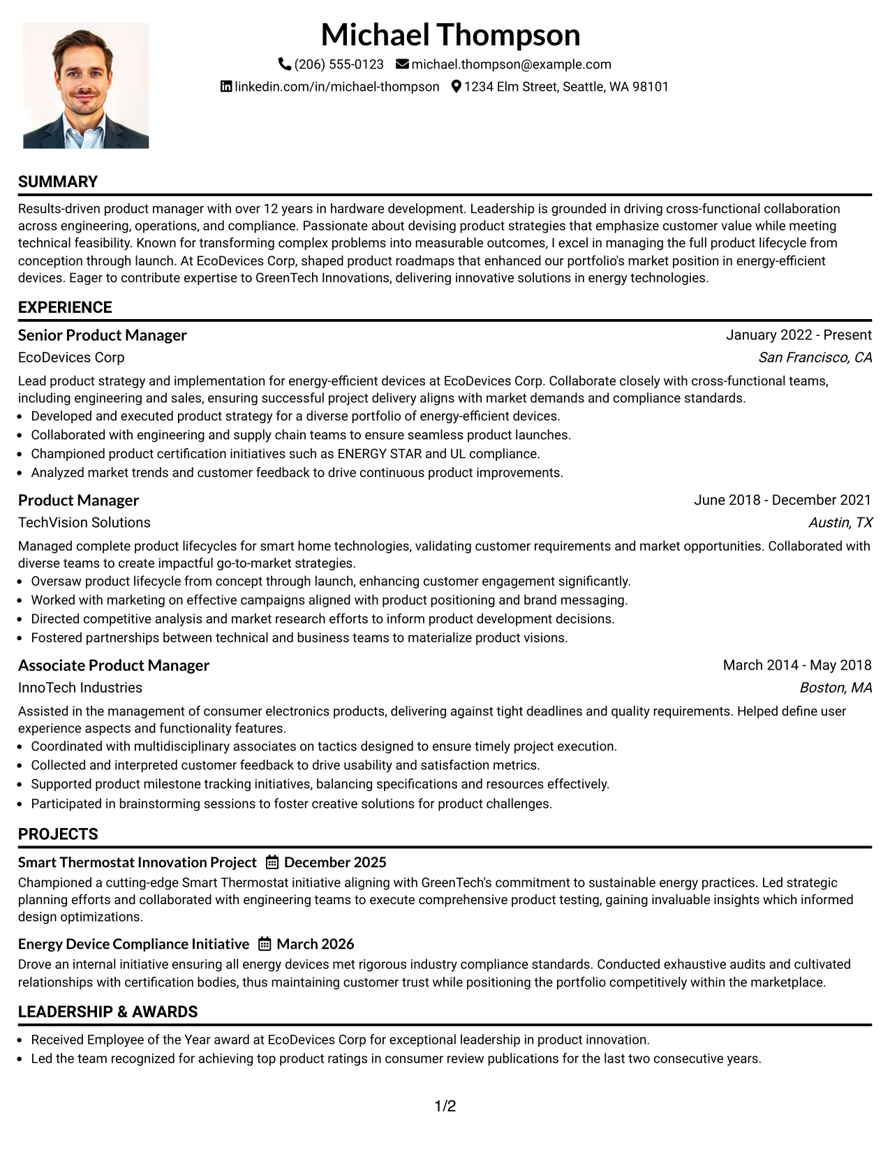 Resume Example Page 1