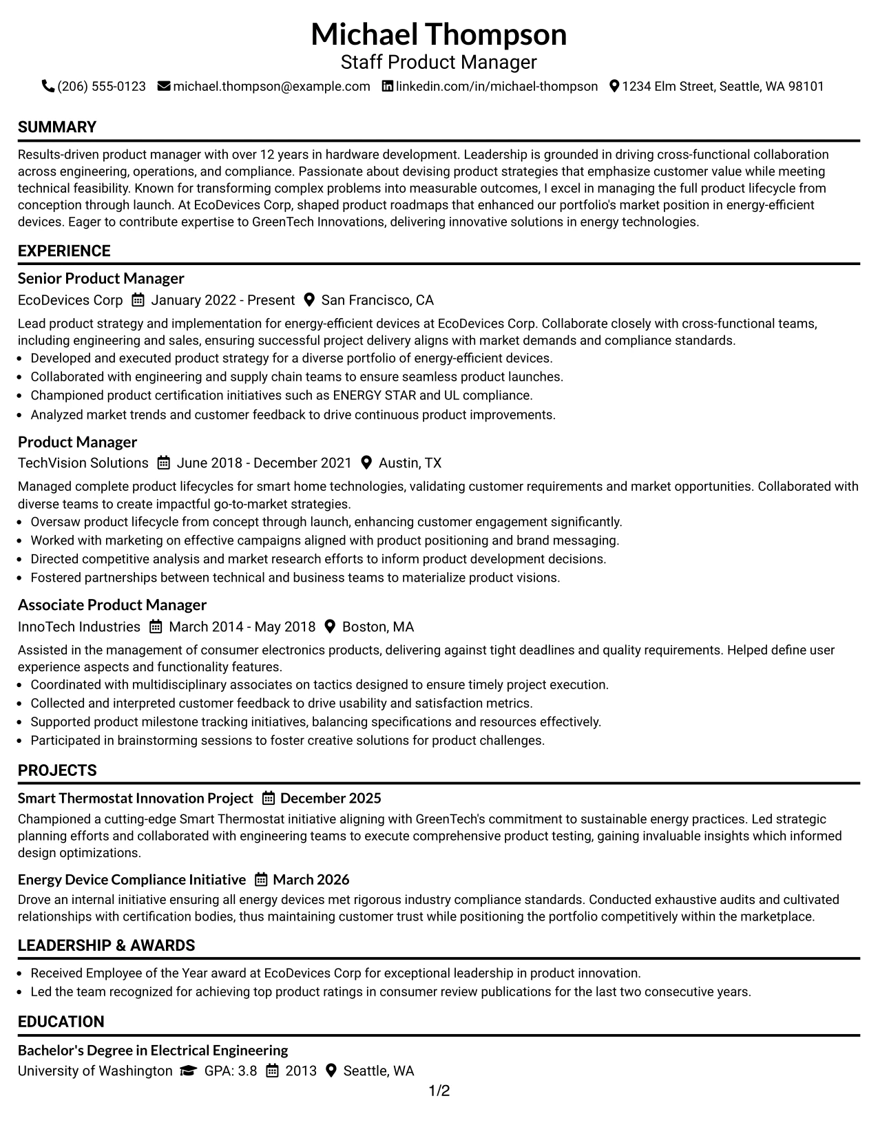 Resume Example Page 1