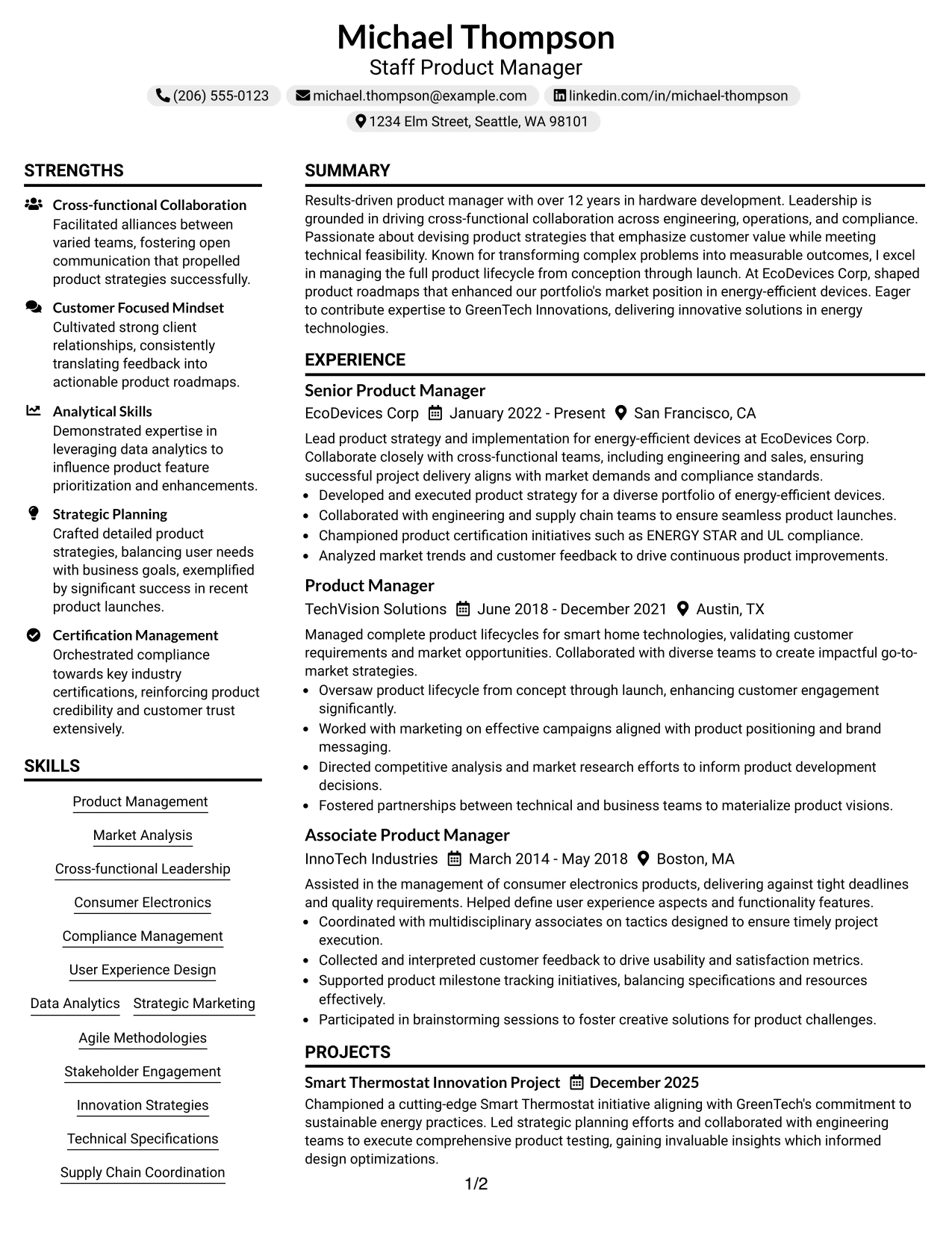 Resume Example Page 1