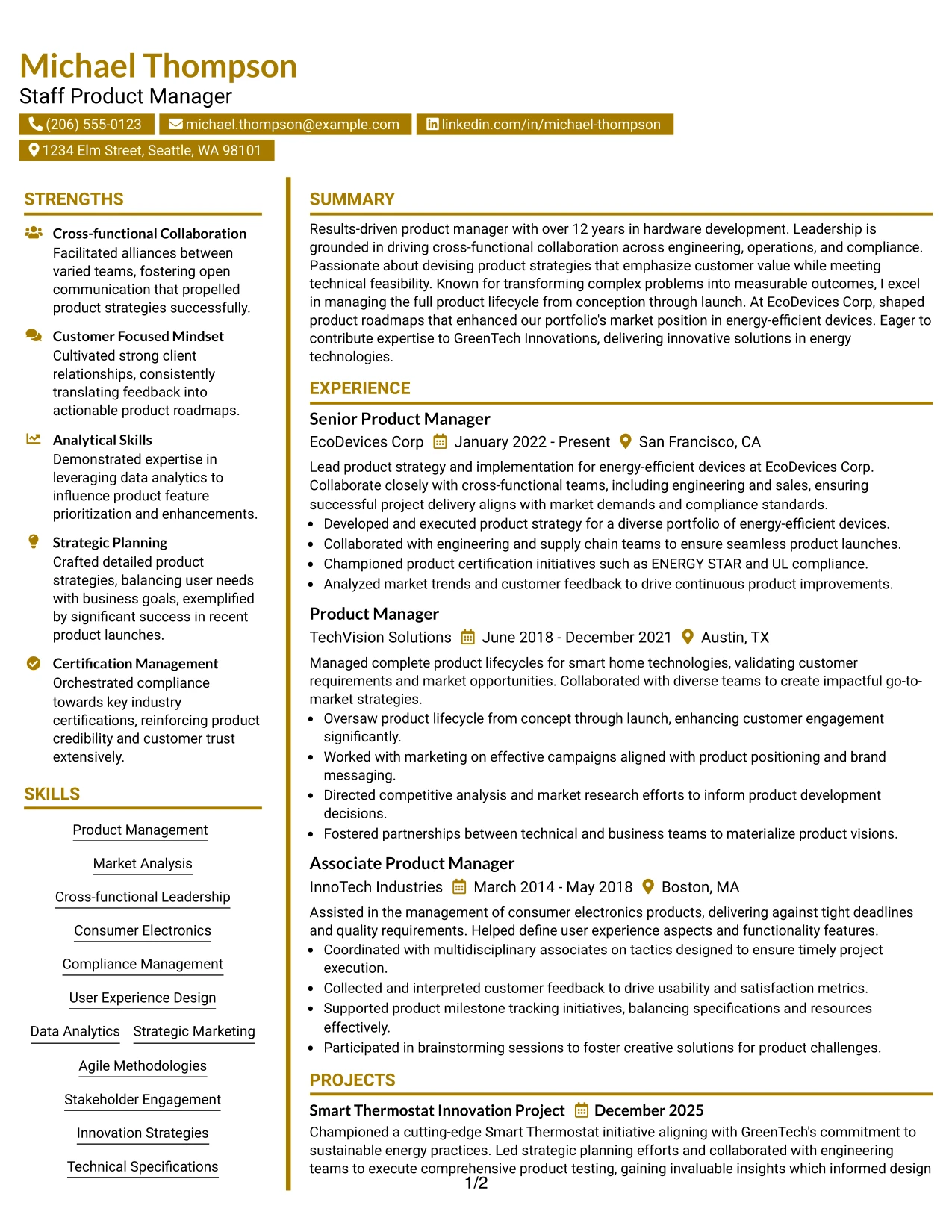 Resume Example Page 1