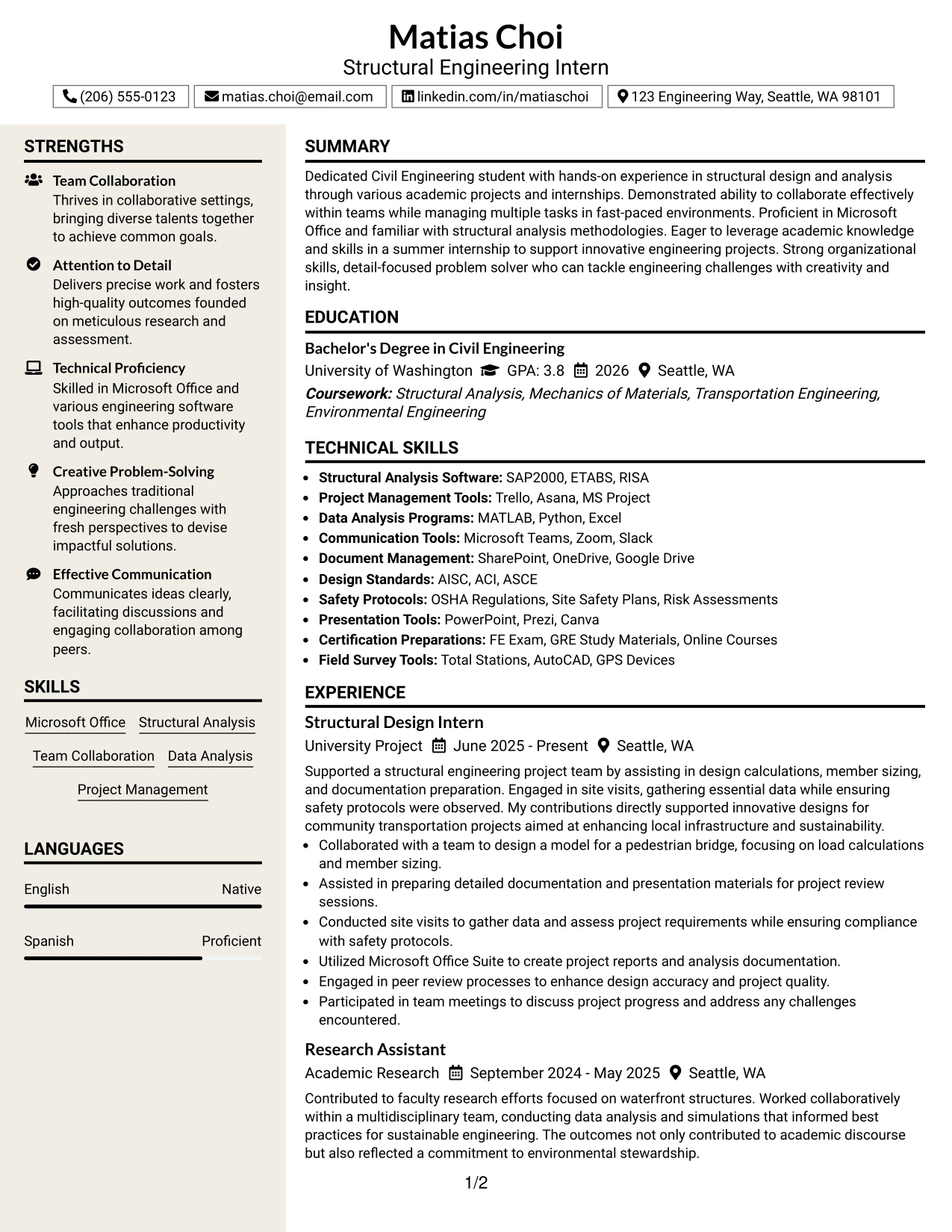 Resume Example Page 1