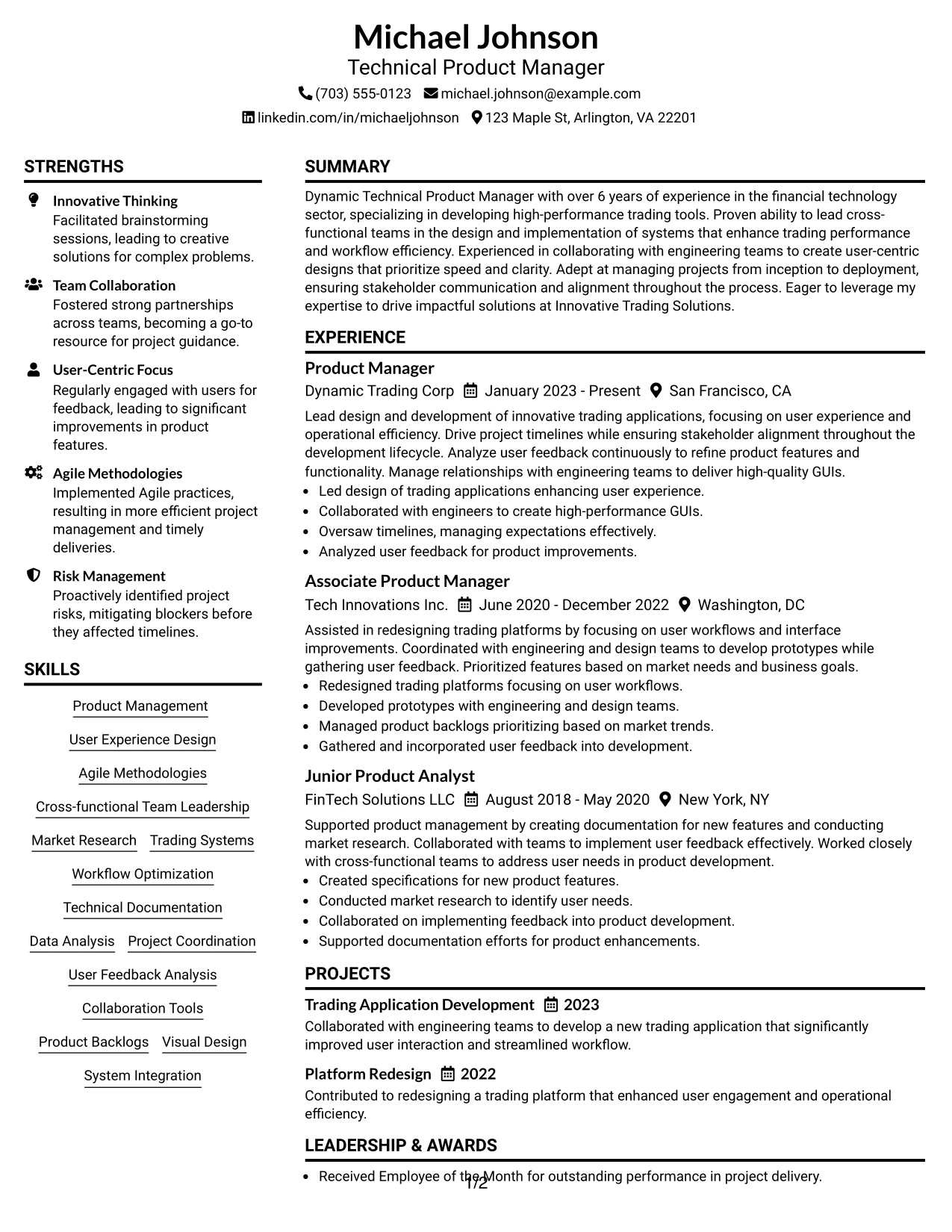 Resume Example Page 1
