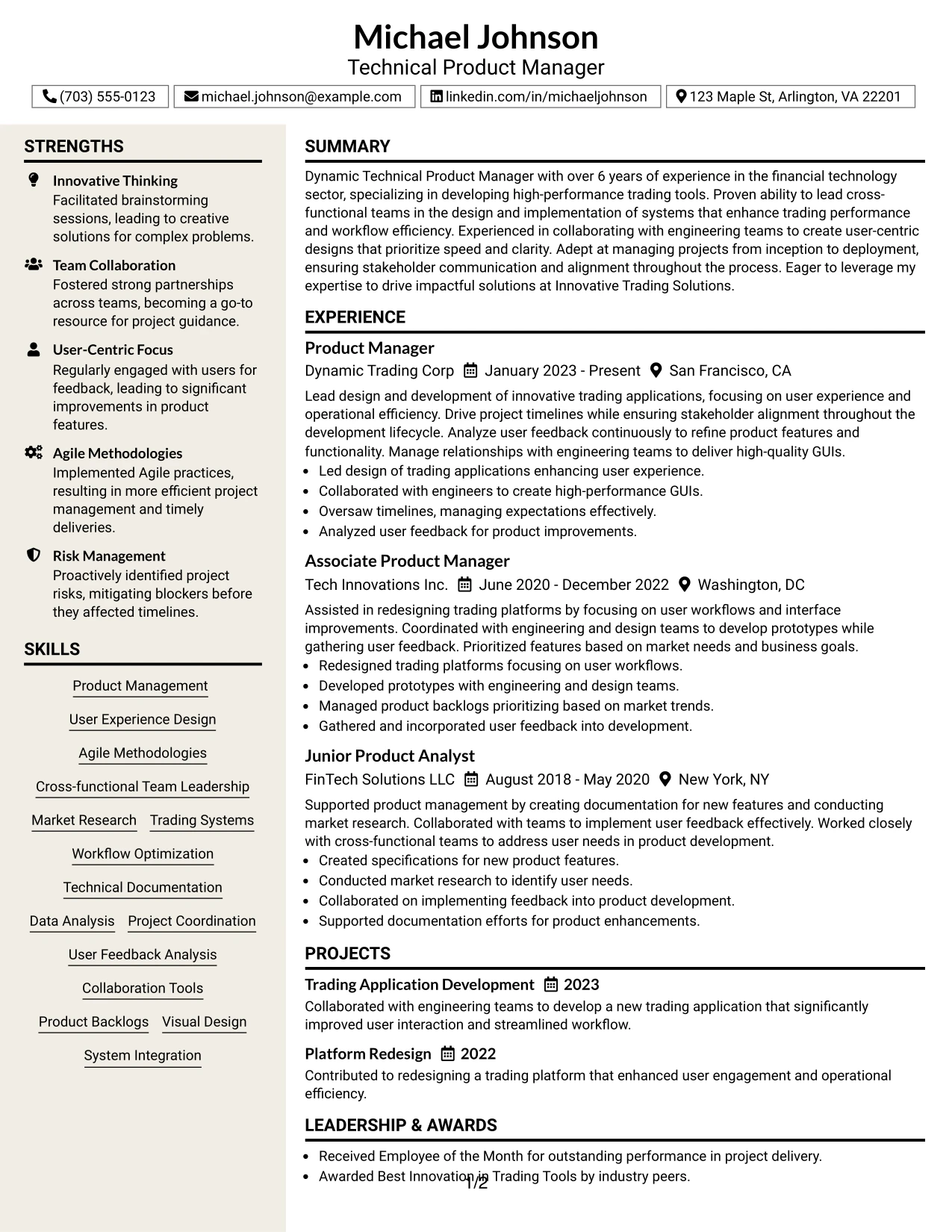 Resume Example Page 1