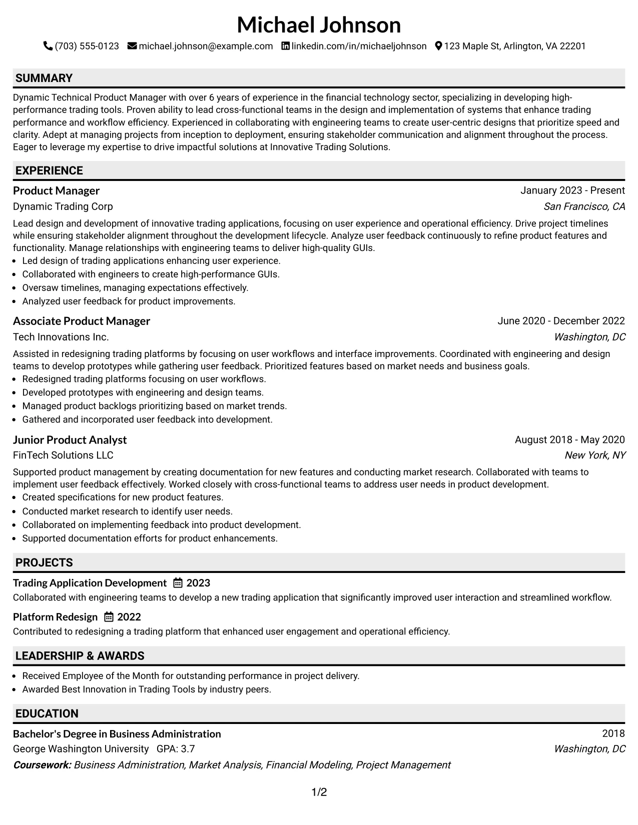 Resume Example Page 1