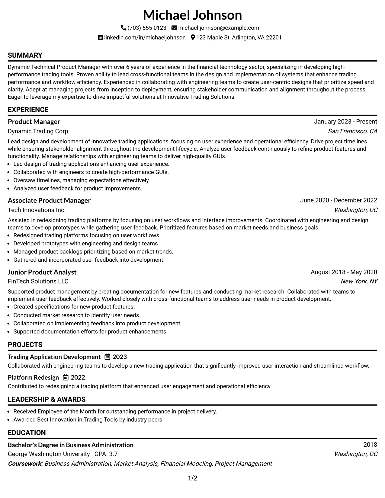 Resume Example Page 1