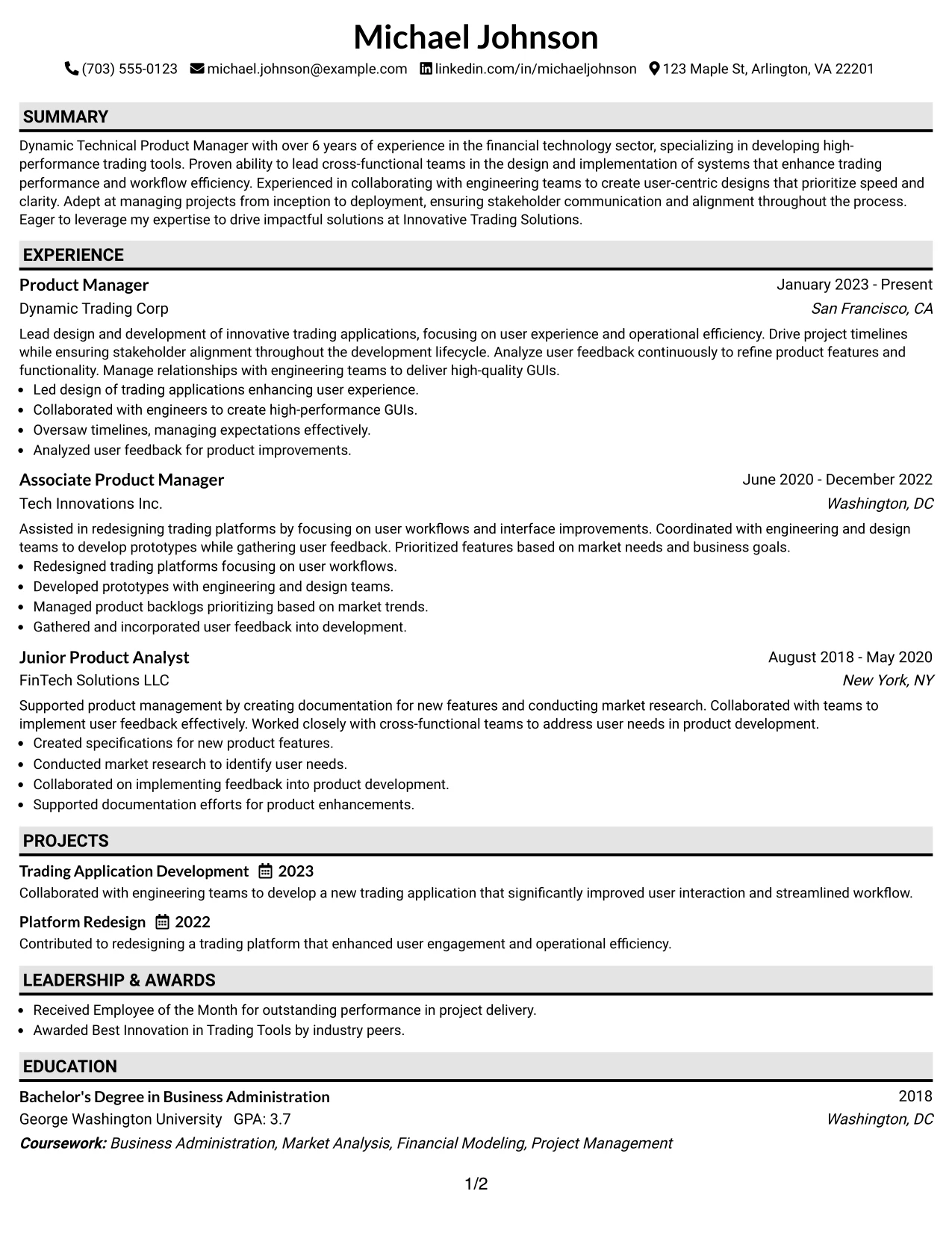 Resume Example Page 1