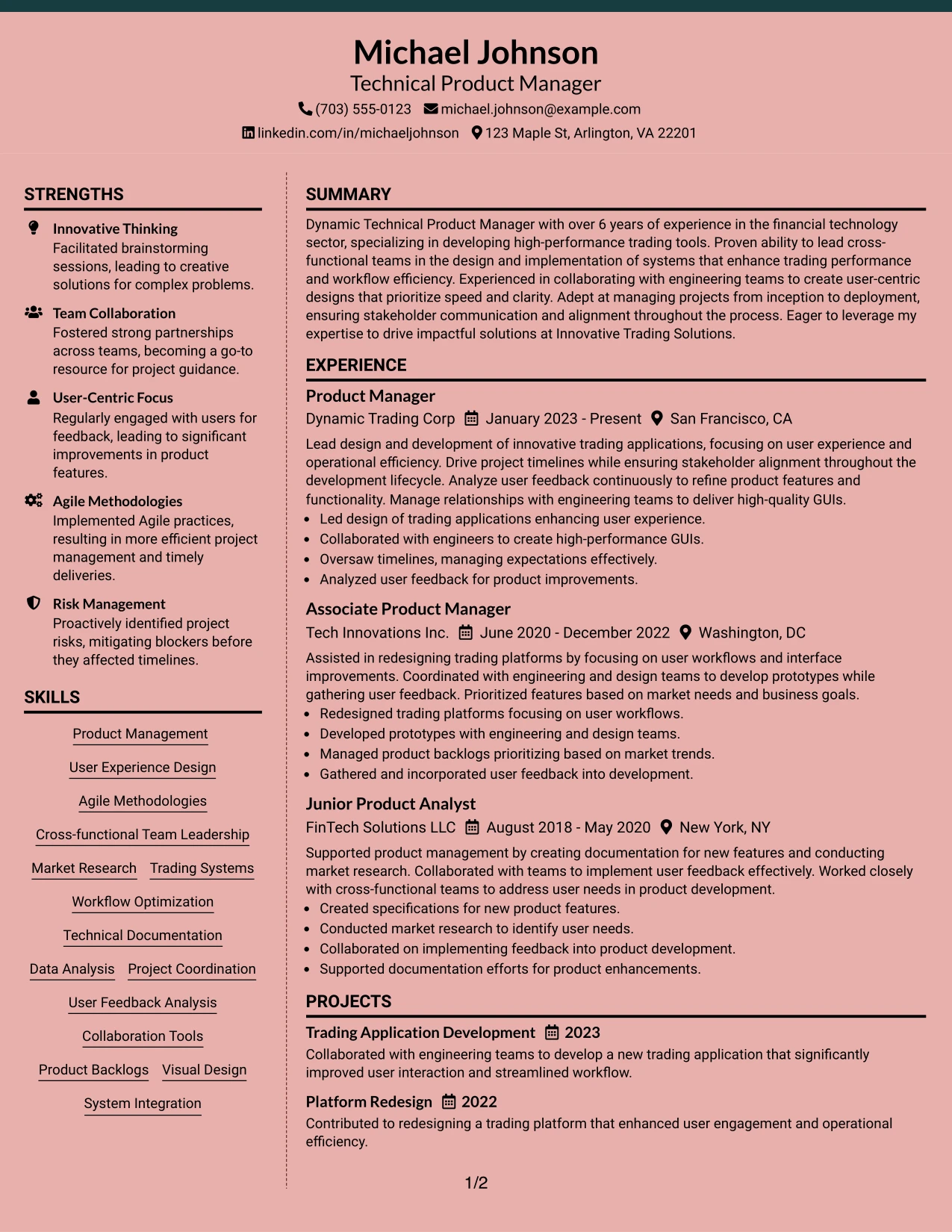 Resume Example Page 1