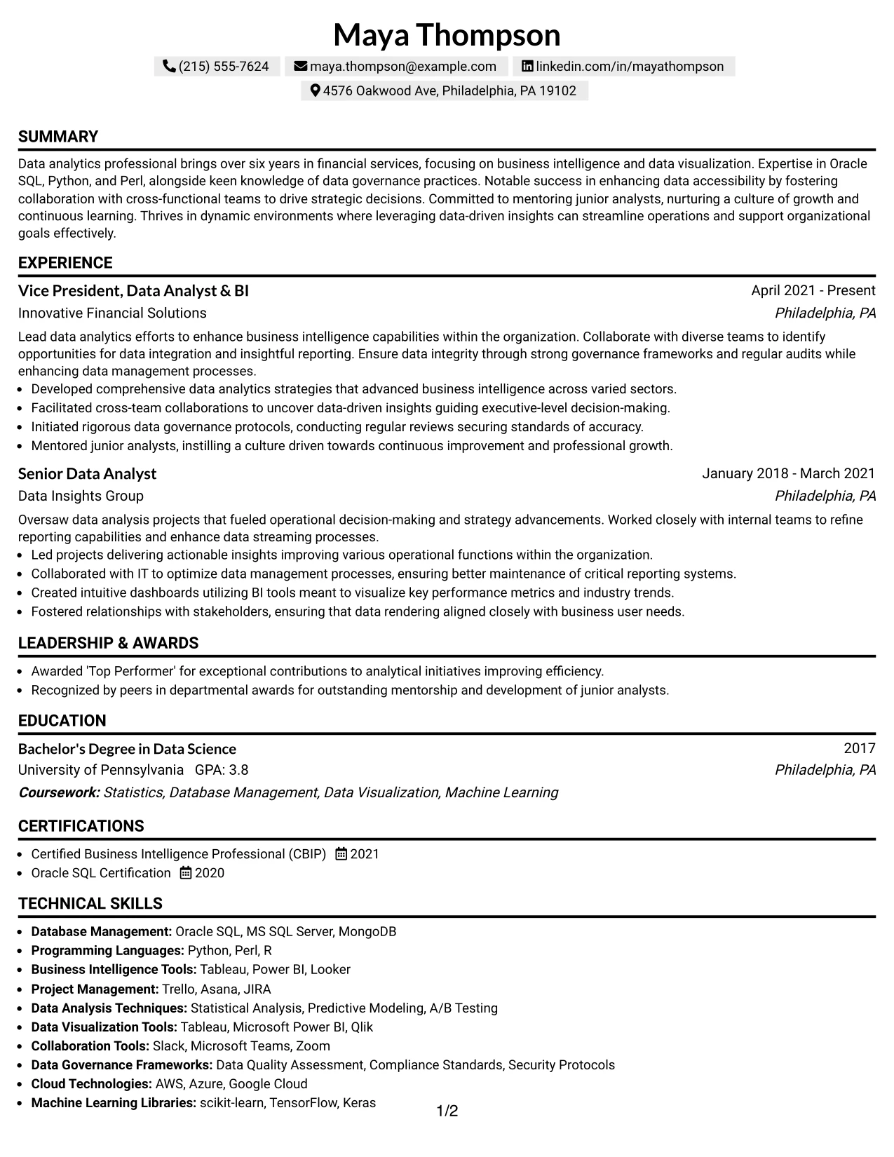 Resume Example Page 1