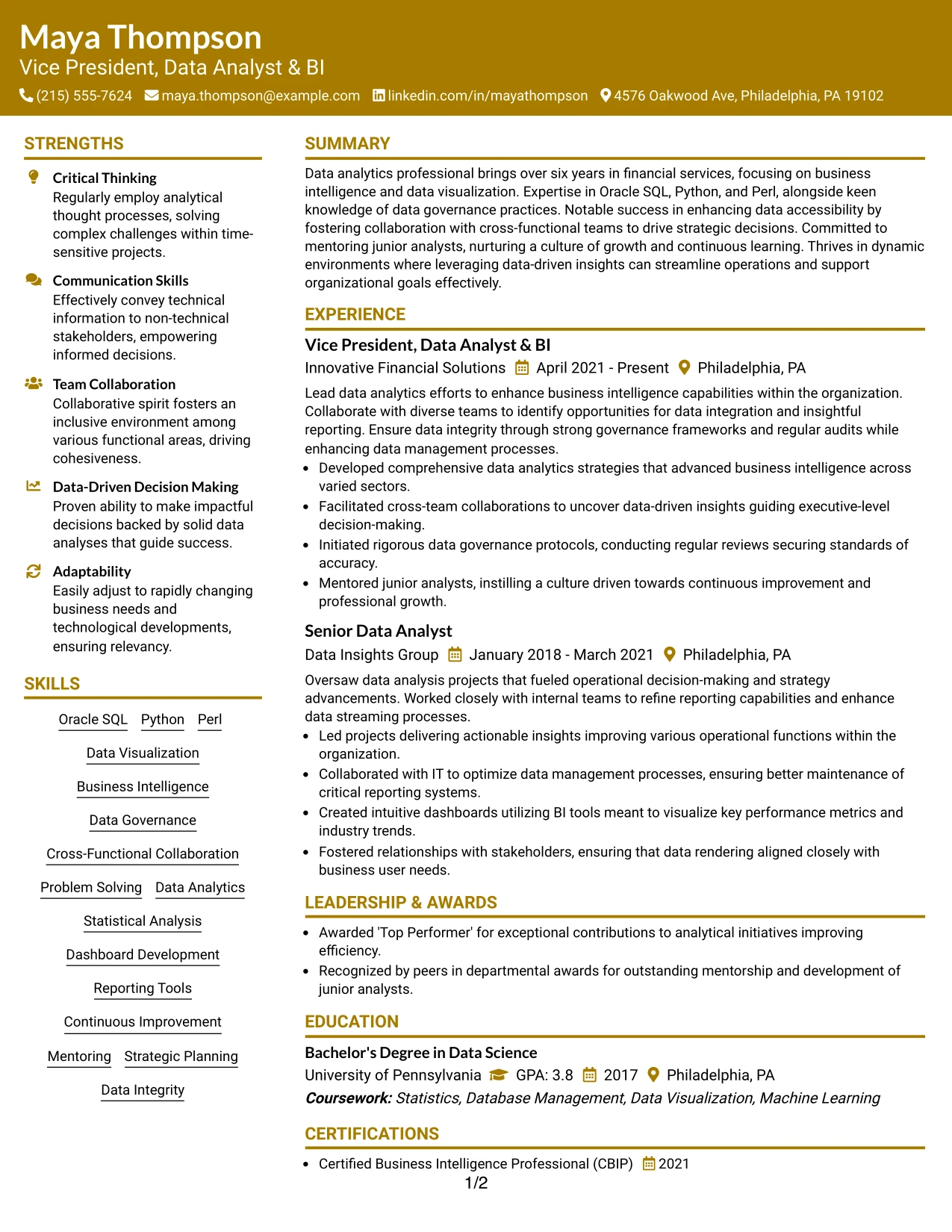 Resume Example Page 1