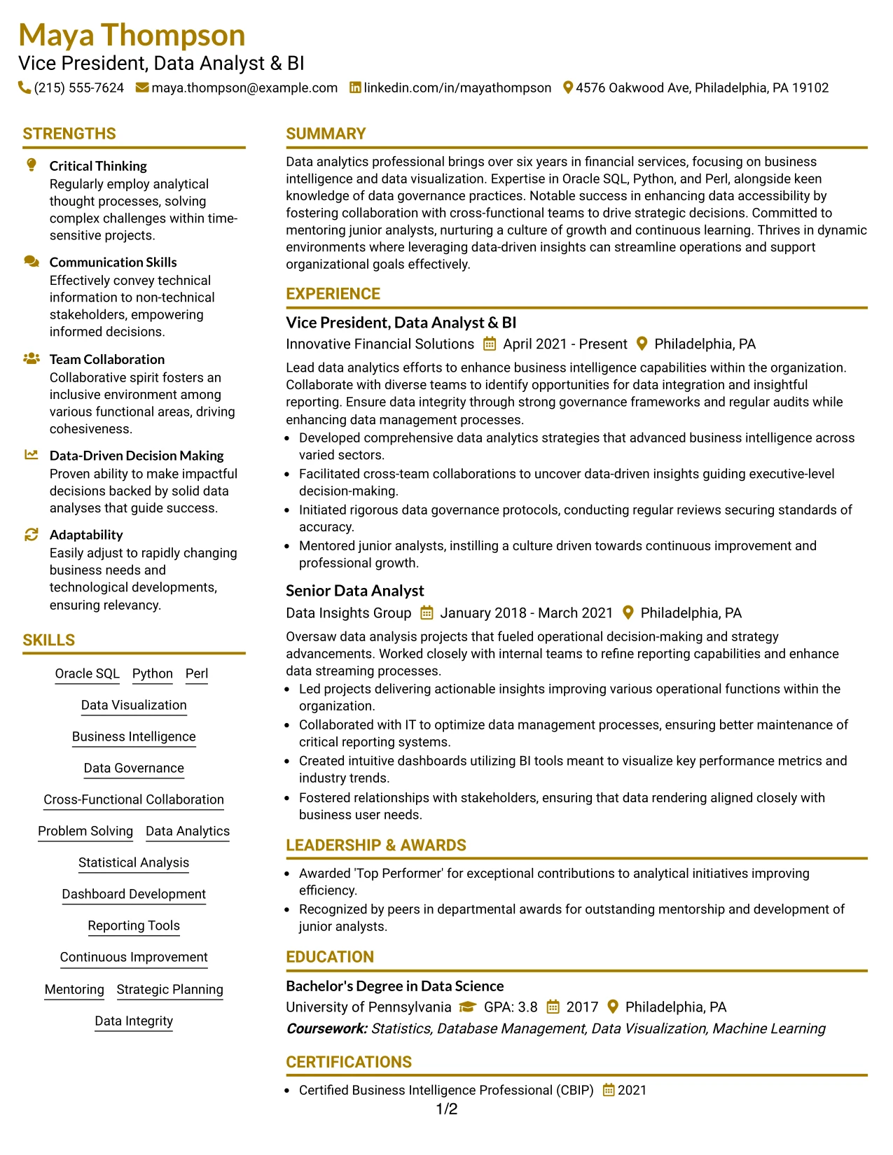 Resume Example Page 1