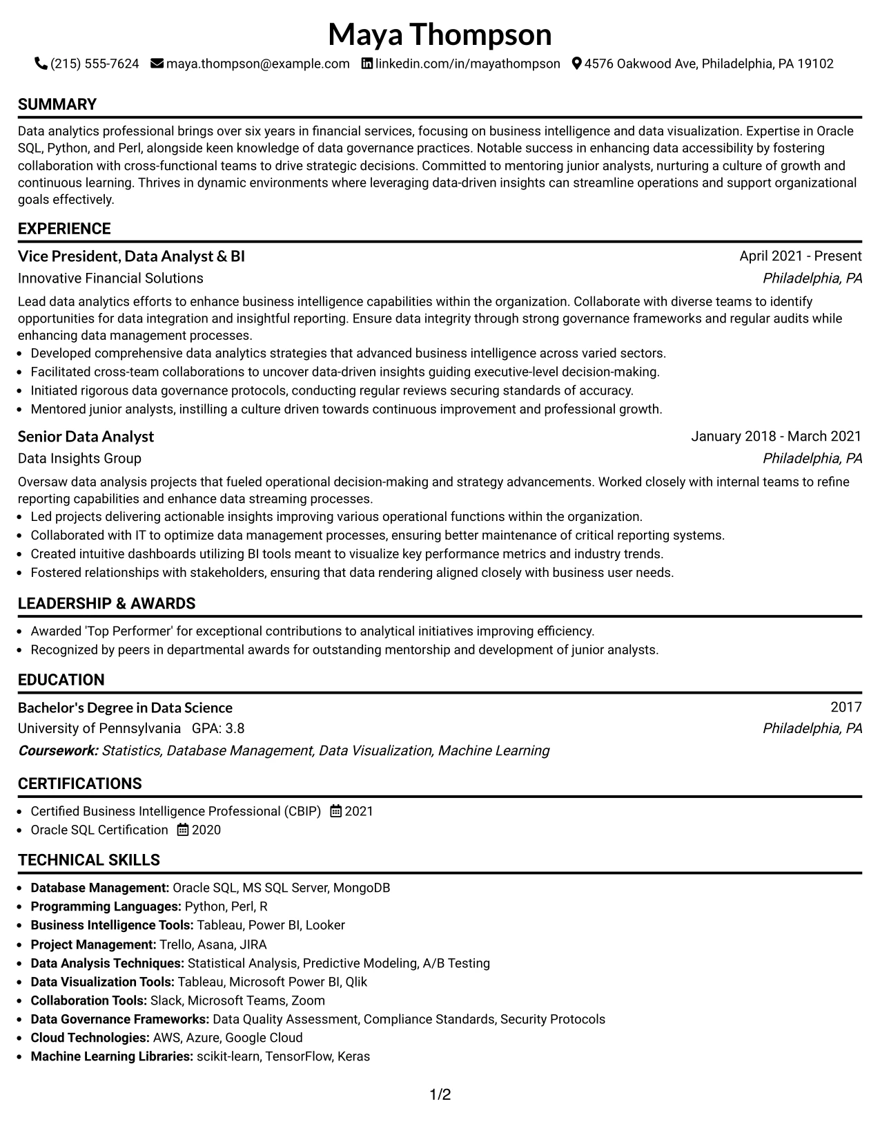 Resume Example Page 1