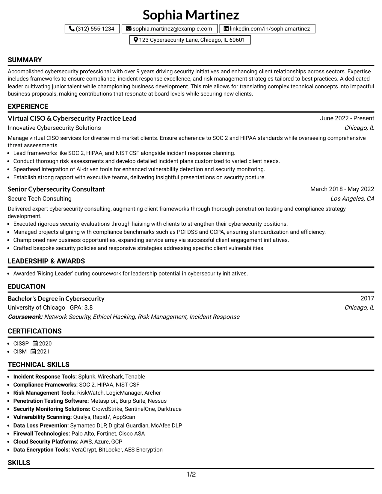 Resume Example Page 1