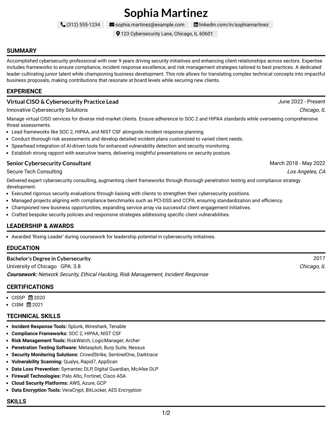 Resume Example Page 1