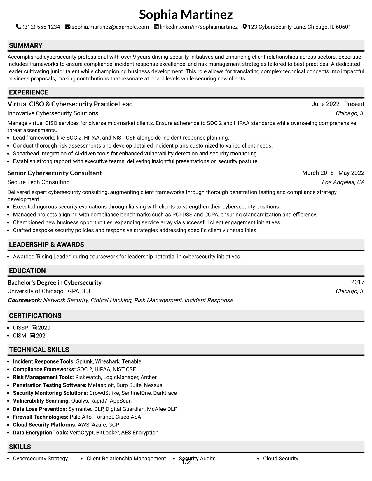 Resume Example Page 1