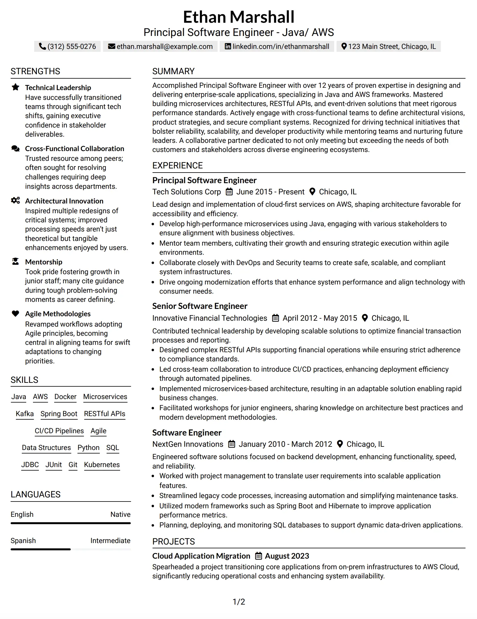 Principal Software Engineer (Java, AWS) Two-Column Resume Example