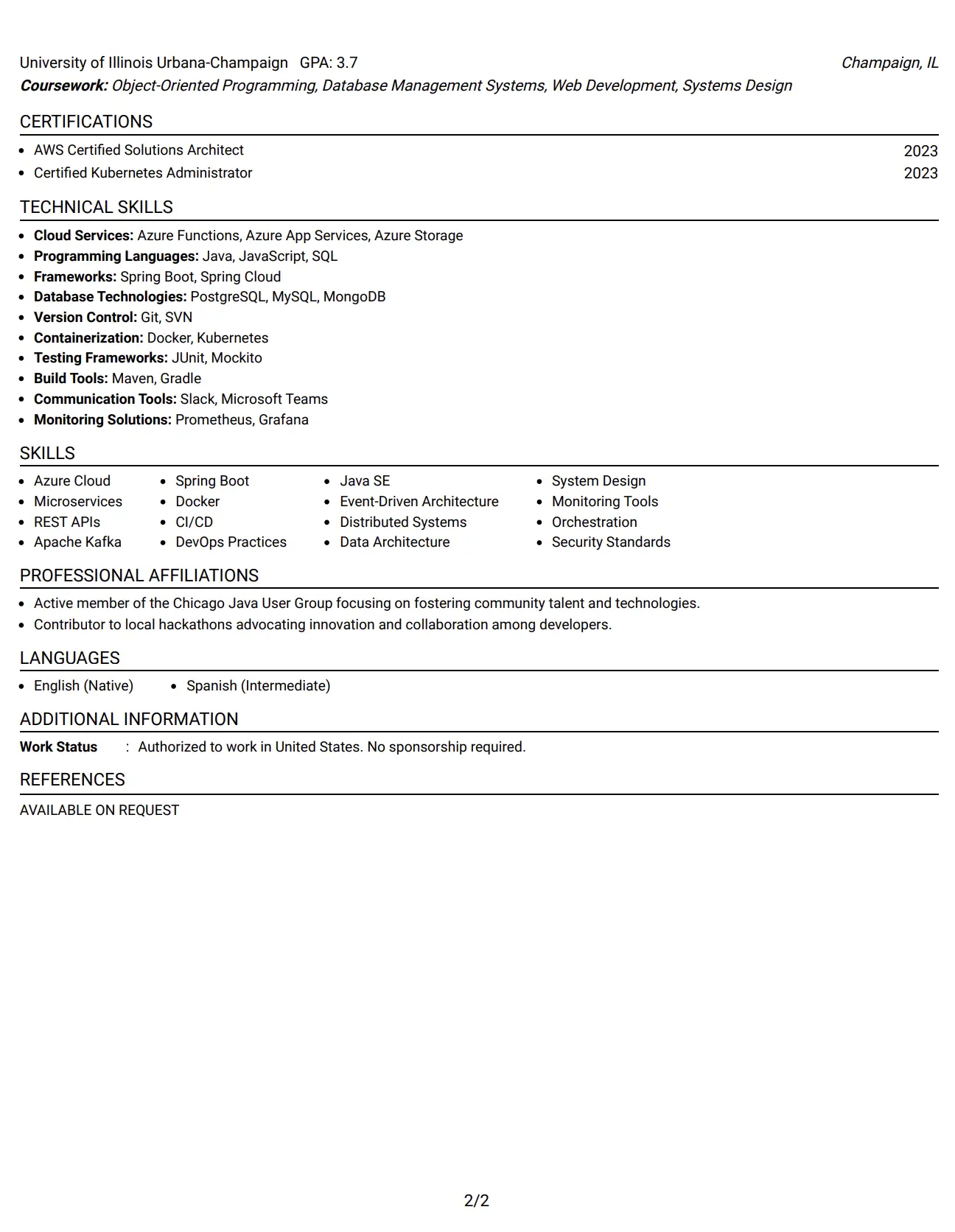 Java Architect One-Column Fang CV Example - Page 2