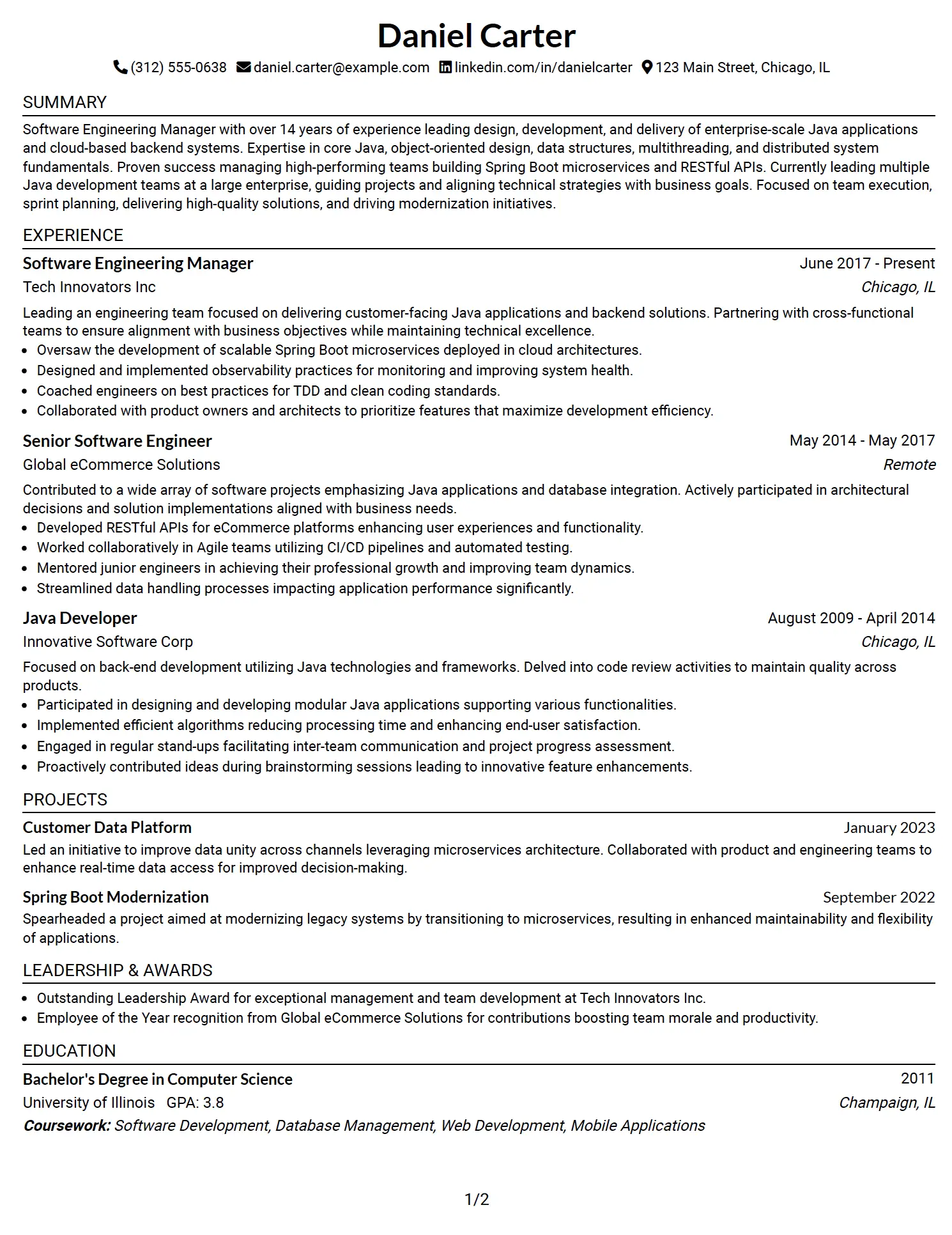 Software Engineering Manager (Java) One-Column Fang Resume Example (No Photo)
