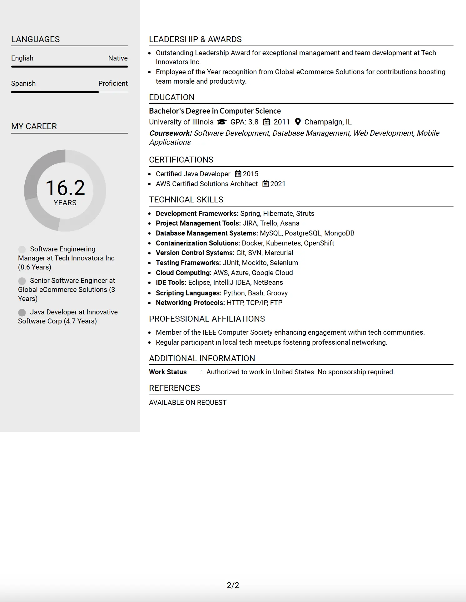 Software Engineering Manager (Java) Two-Column Resume Example No Photo - Page 2