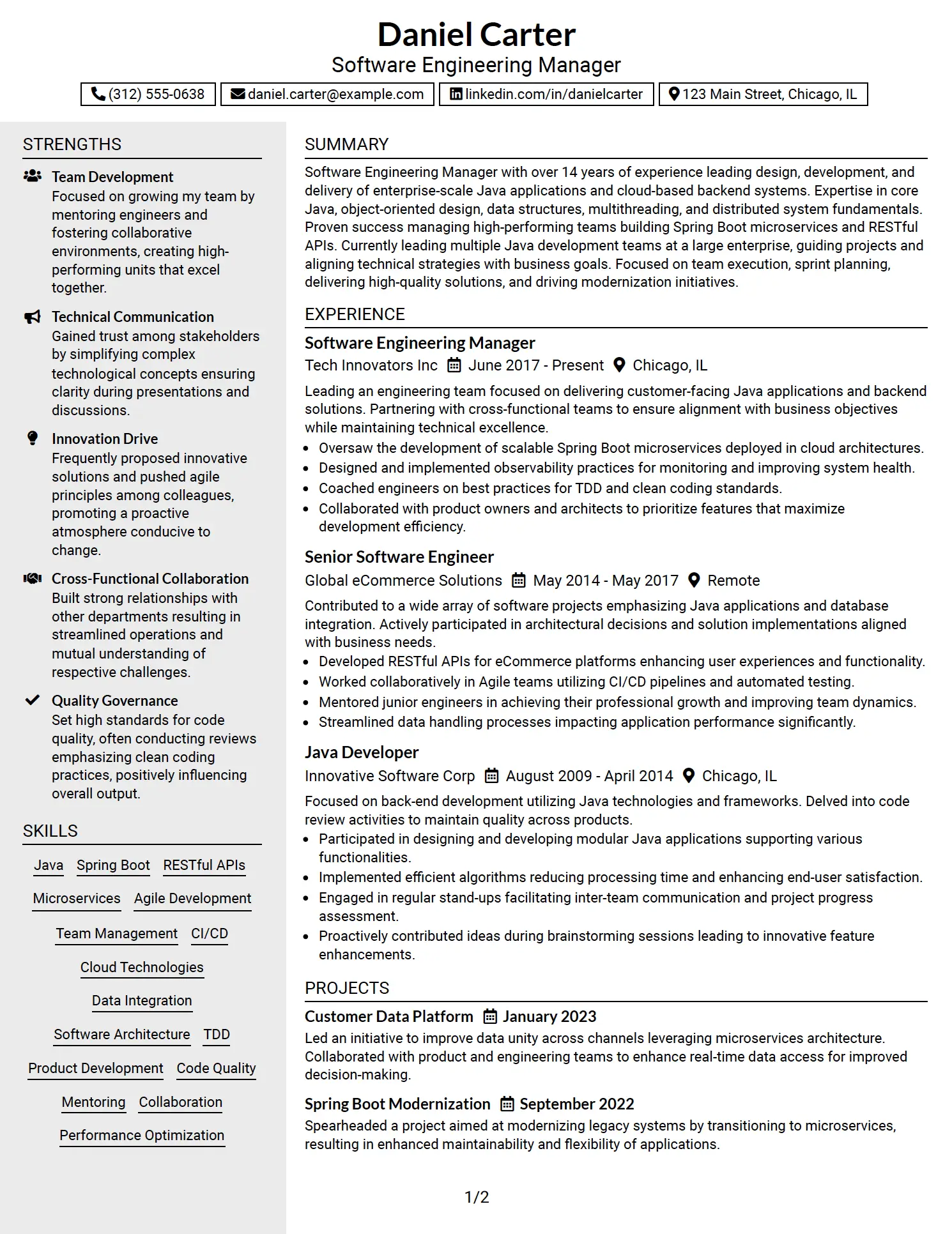 Software Engineering Manager (Java) Two-Column Resume Example No Photo