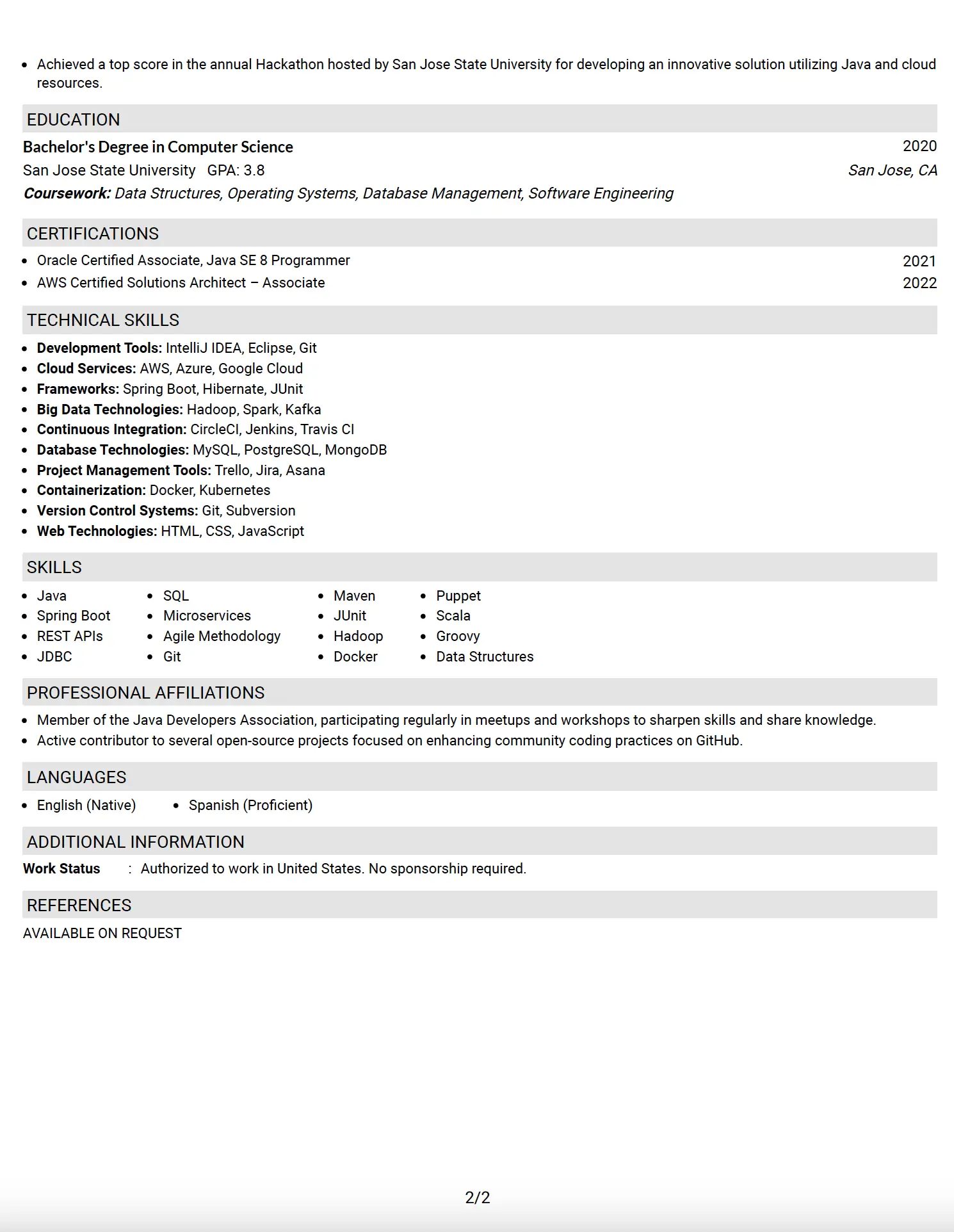 Java Backend Developer Resume Example