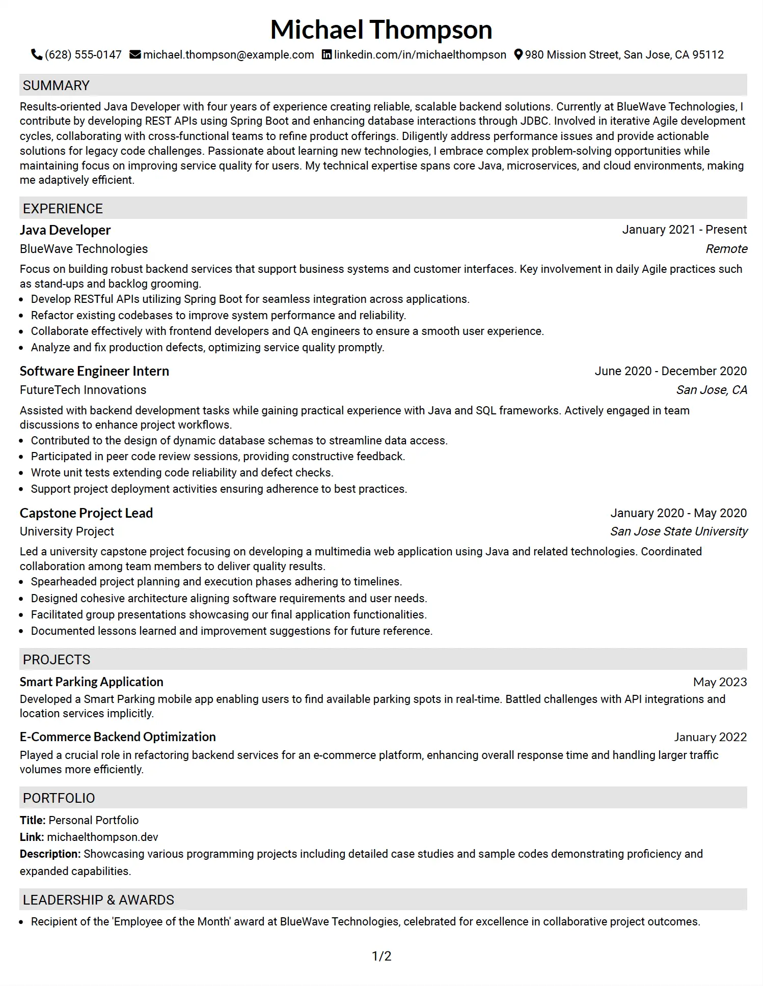 Java Backend Developer Resume Example