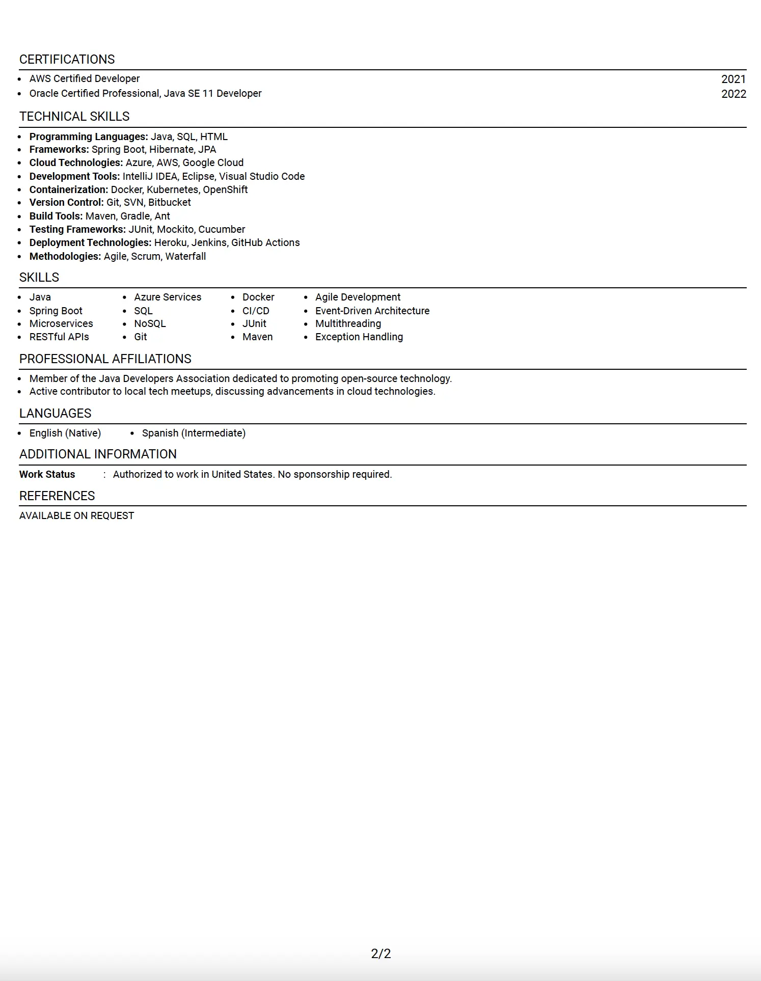 Senior Java Developer (Azure) Resume Example - Page 2